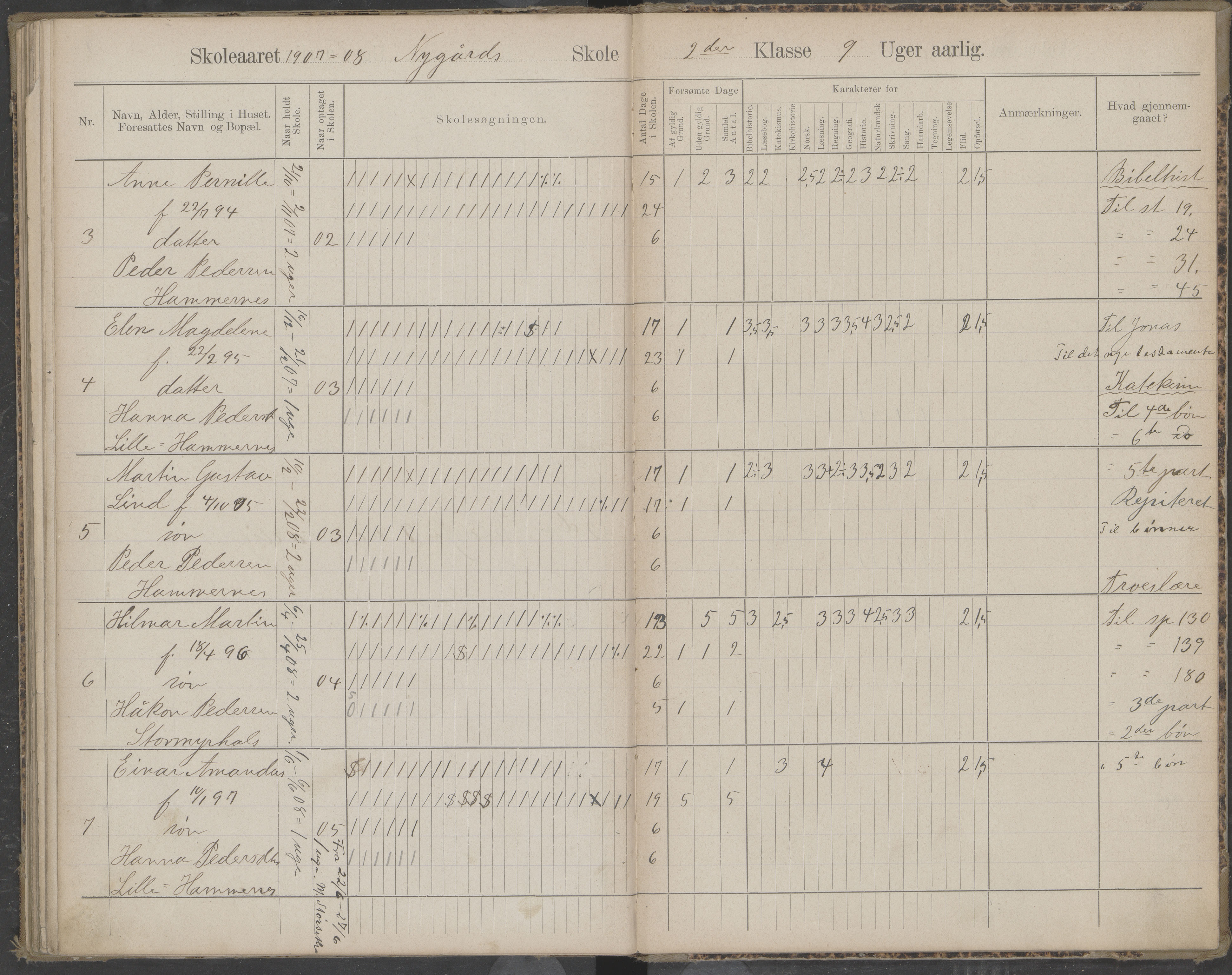 Beiarn kommune. Brandhei skolekrets, AIN/K-18390.510.03/442/L0003: Karakter/oversiktsprotokoll, 1893-1910