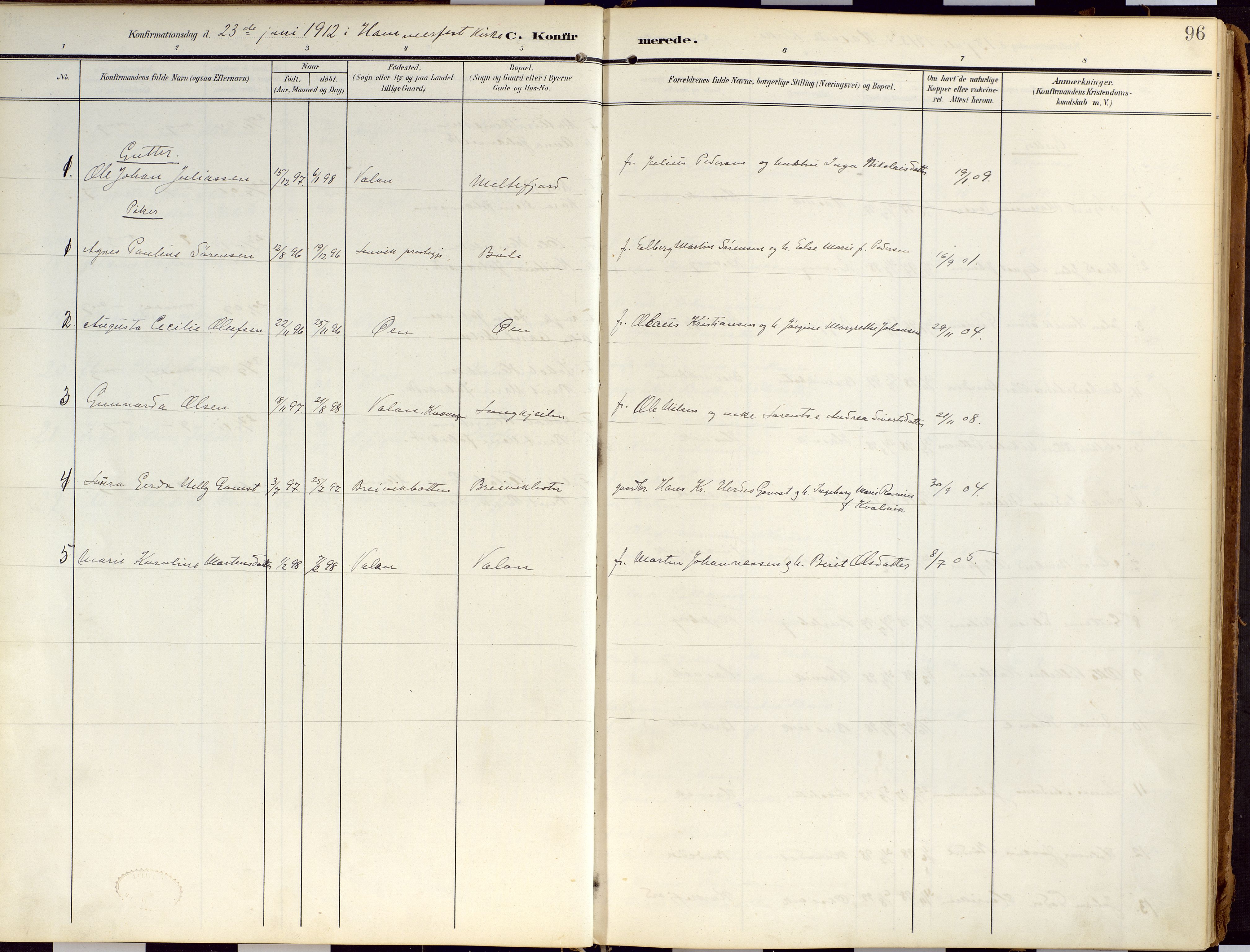 Loppa sokneprestkontor, SATØ/S-1339/H/Ha/L0010kirke: Parish register (official) no. 10, 1907-1922, p. 96
