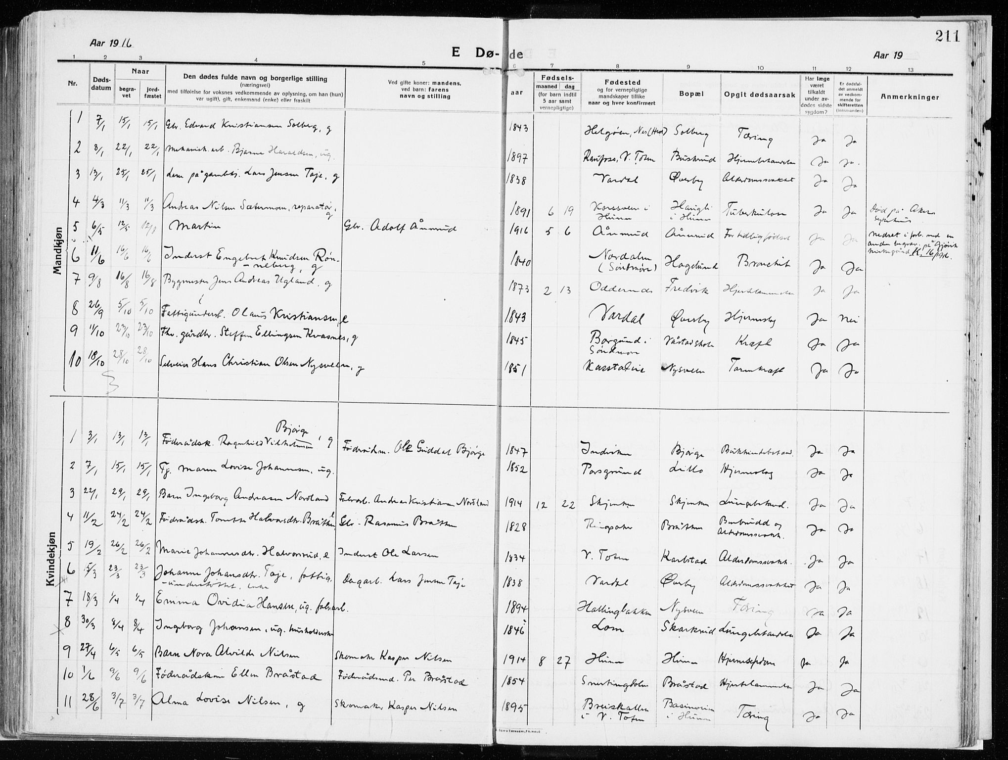 Vardal prestekontor, SAH/PREST-100/H/Ha/Haa/L0017: Parish register (official) no. 17, 1915-1929, p. 211