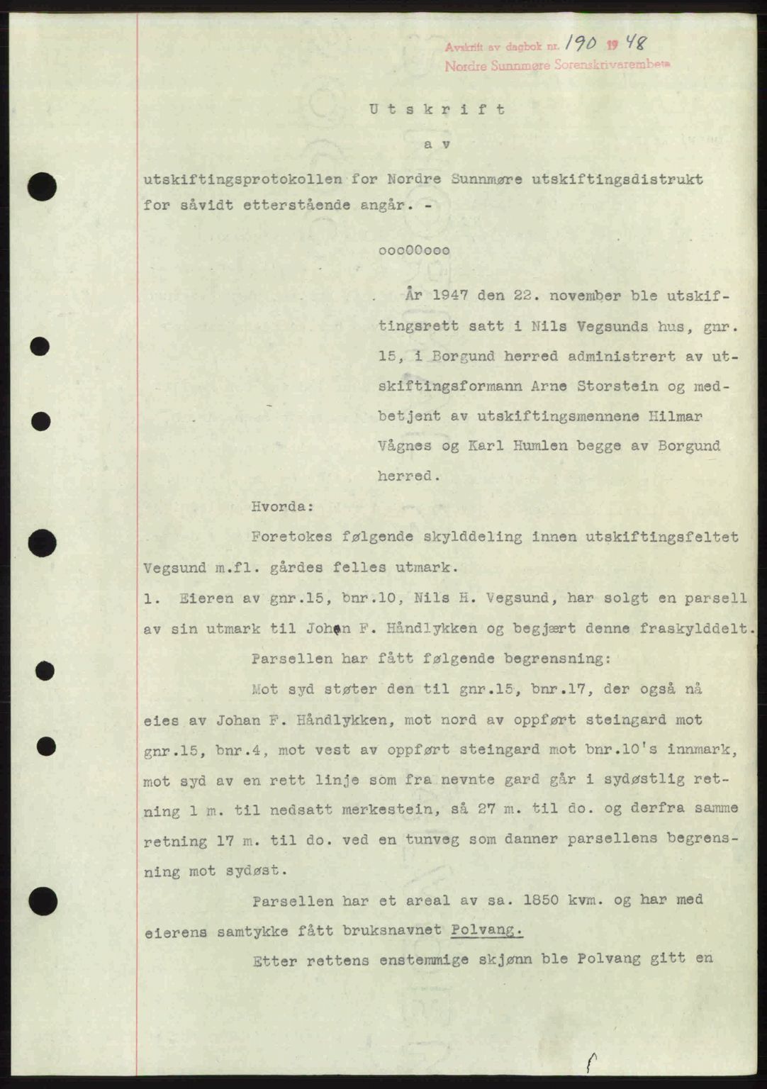 Nordre Sunnmøre sorenskriveri, AV/SAT-A-0006/1/2/2C/2Ca: Mortgage book no. A26, 1947-1948, Diary no: : 190/1948