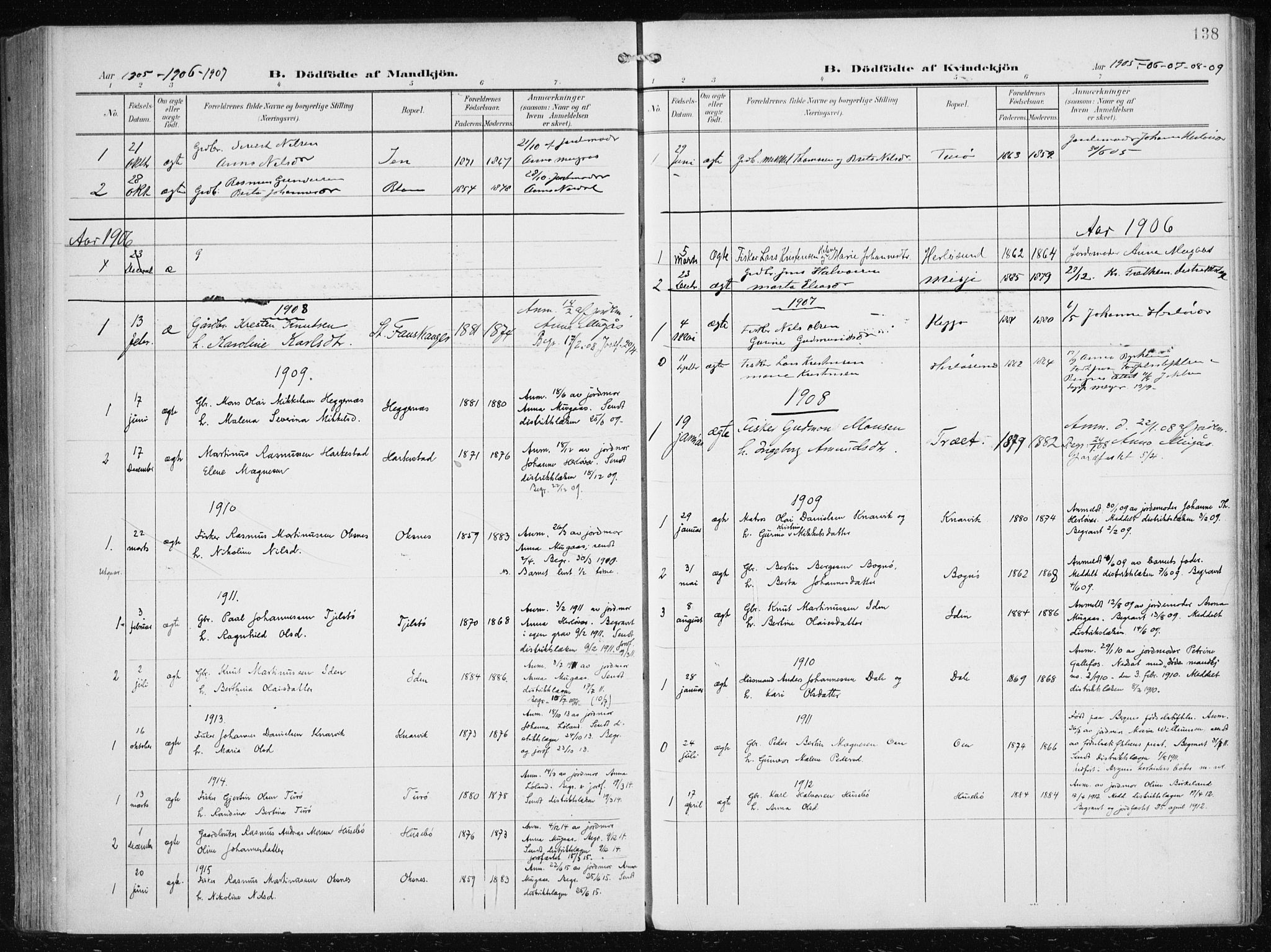 Herdla Sokneprestembete, AV/SAB-A-75701/H/Haa: Parish register (official) no. A 5, 1905-1918, p. 138