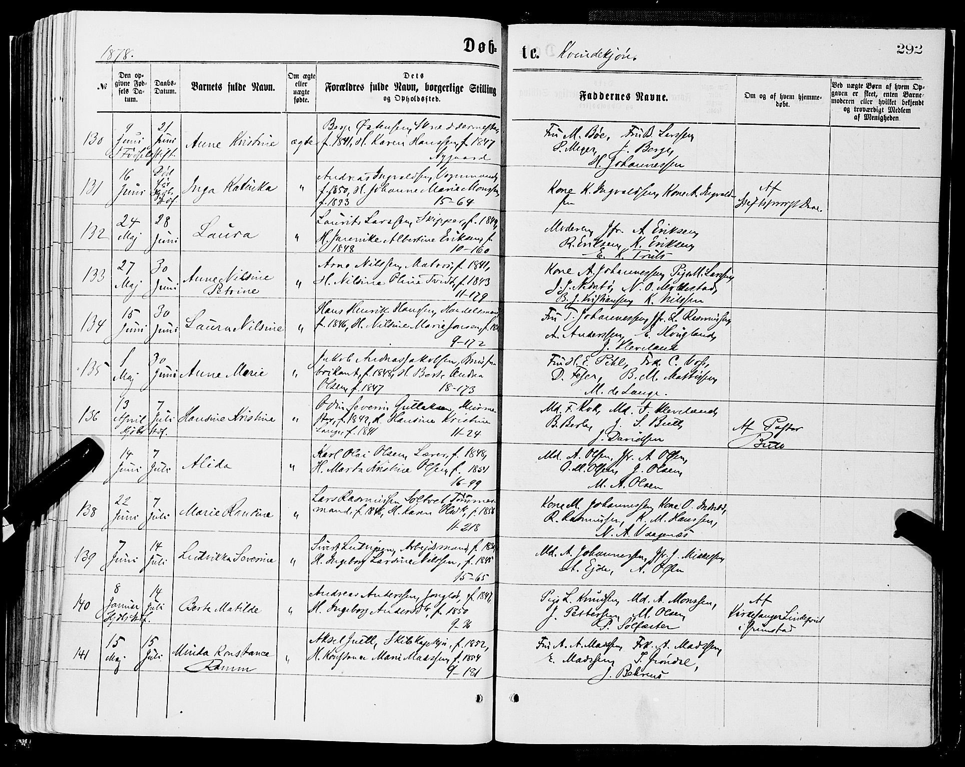 Domkirken sokneprestembete, SAB/A-74801/H/Haa/L0022: Parish register (official) no. B 5, 1872-1878, p. 292