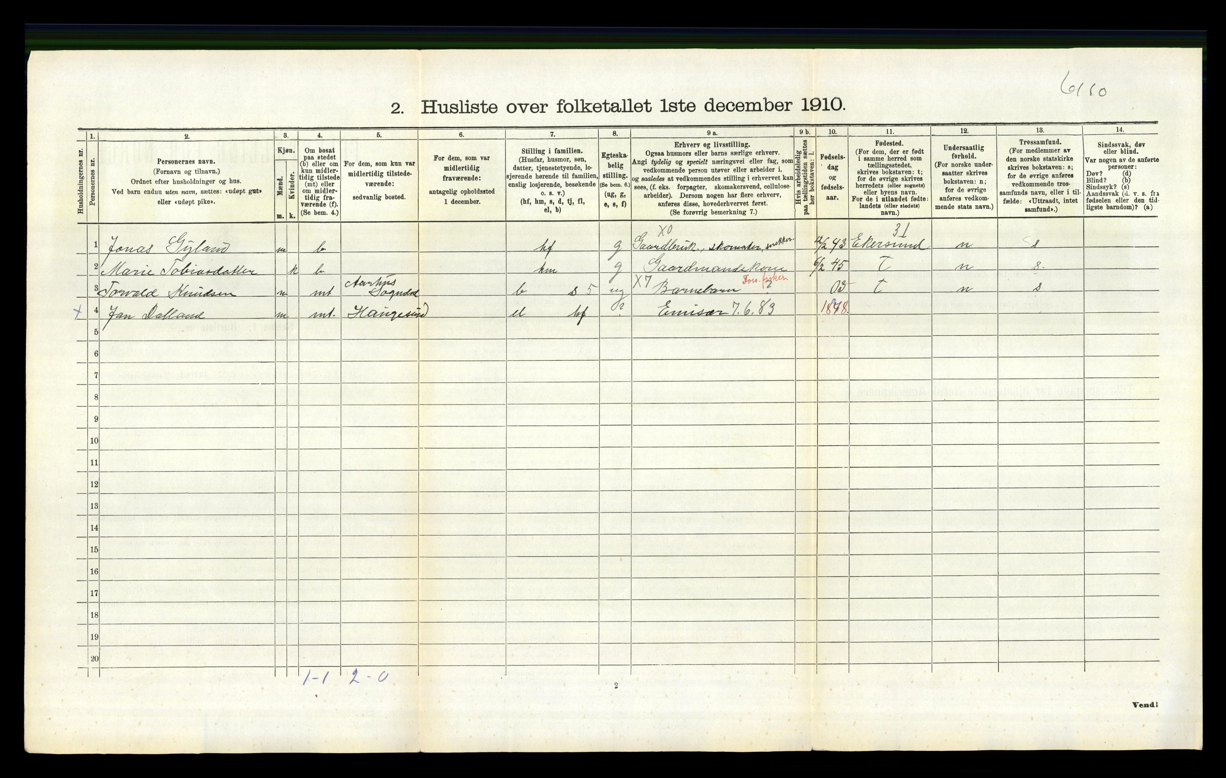 RA, 1910 census for Sokndal, 1910, p. 747