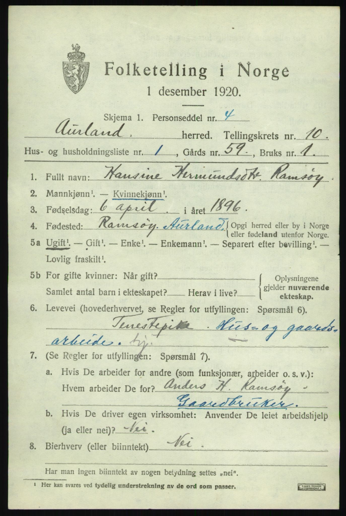 SAB, 1920 census for Aurland, 1920, p. 5034