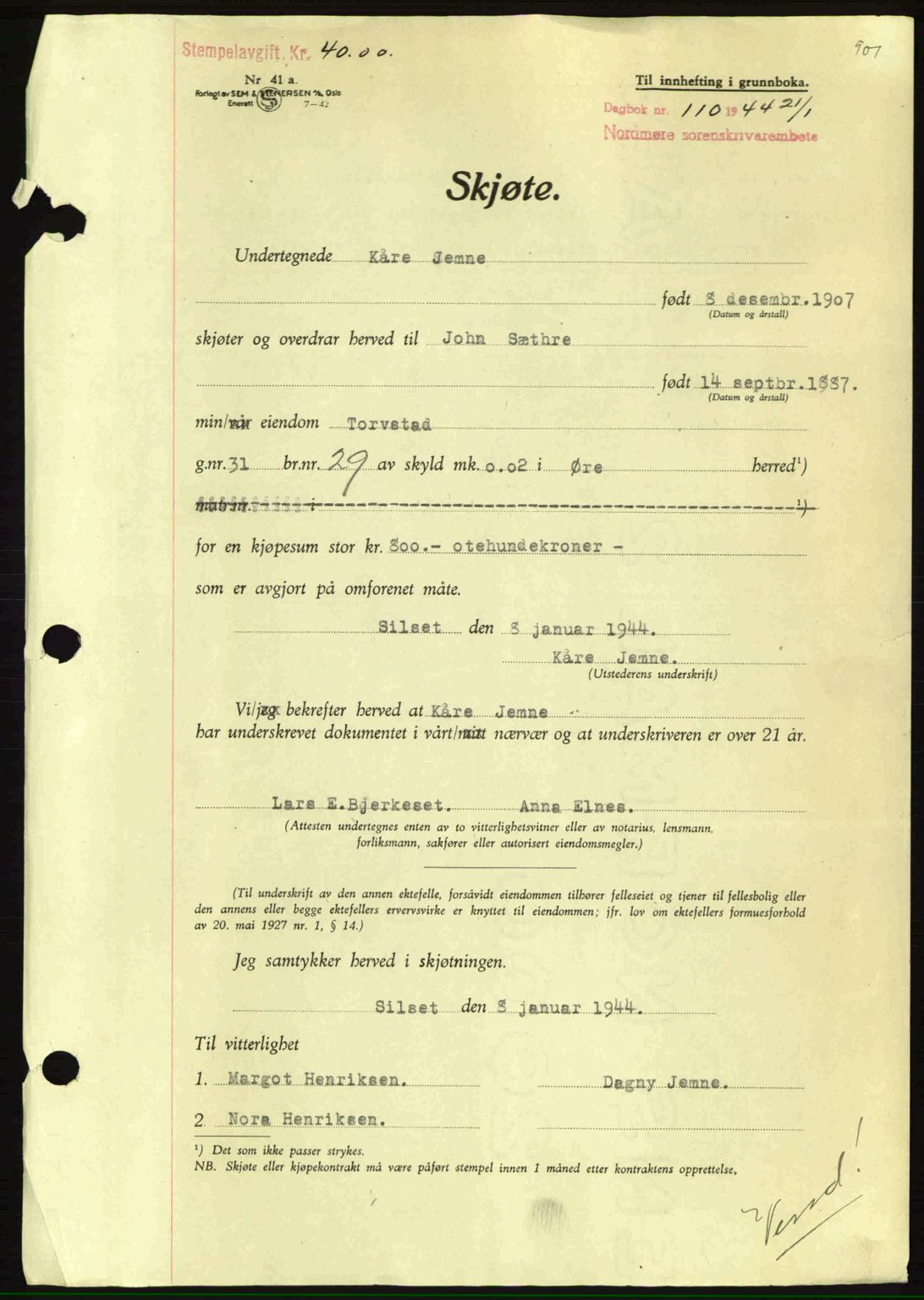 Nordmøre sorenskriveri, SAT/A-4132/1/2/2Ca: Mortgage book no. A96, 1943-1944, Diary no: : 110/1944