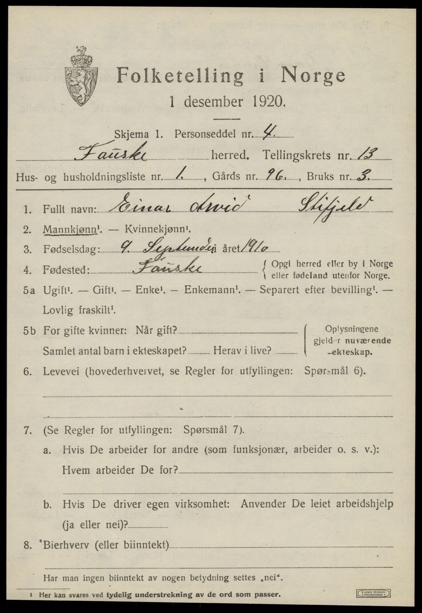 SAT, 1920 census for Fauske, 1920, p. 8366