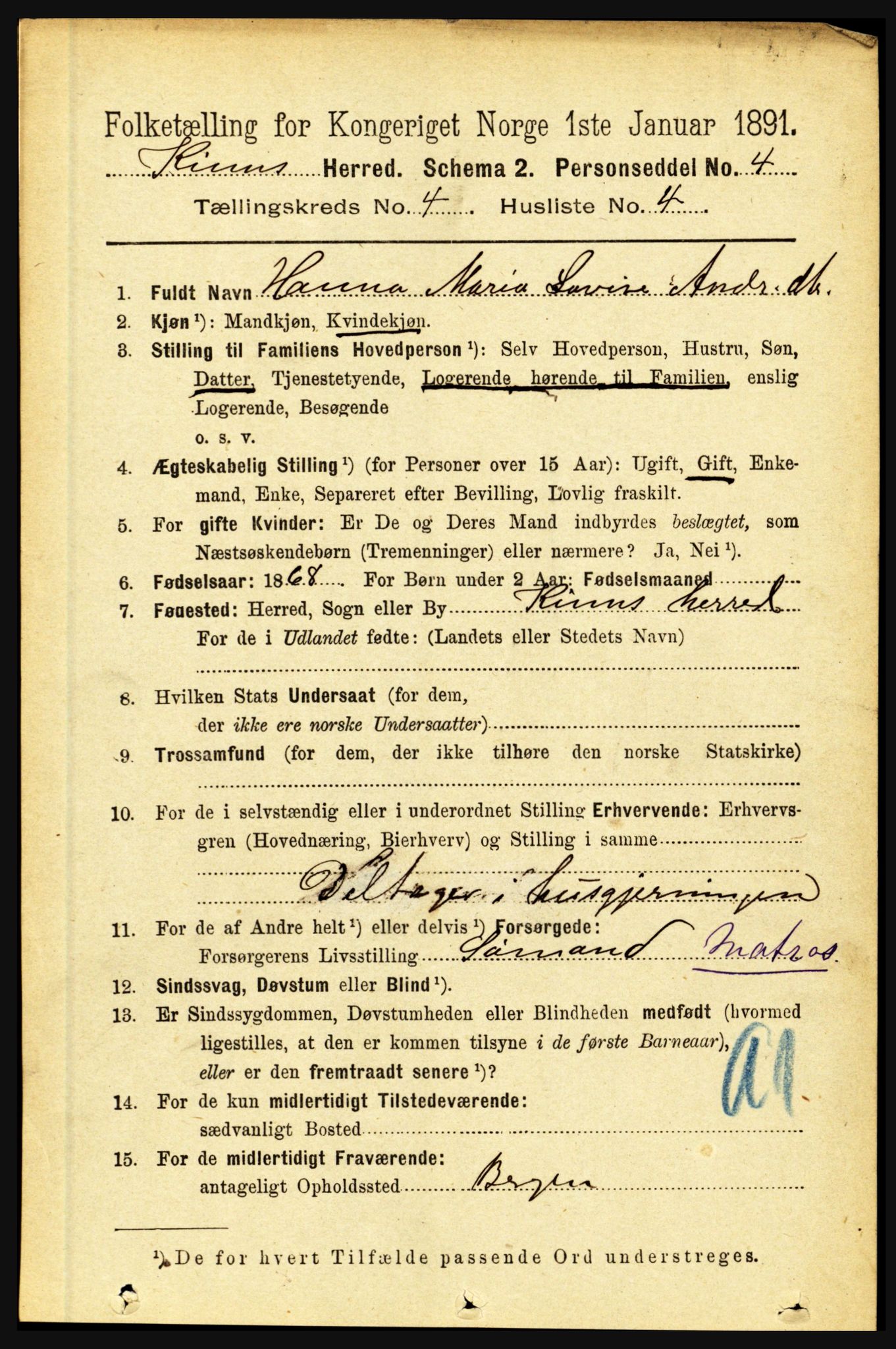 RA, 1891 census for 1437 Kinn, 1891, p. 1343