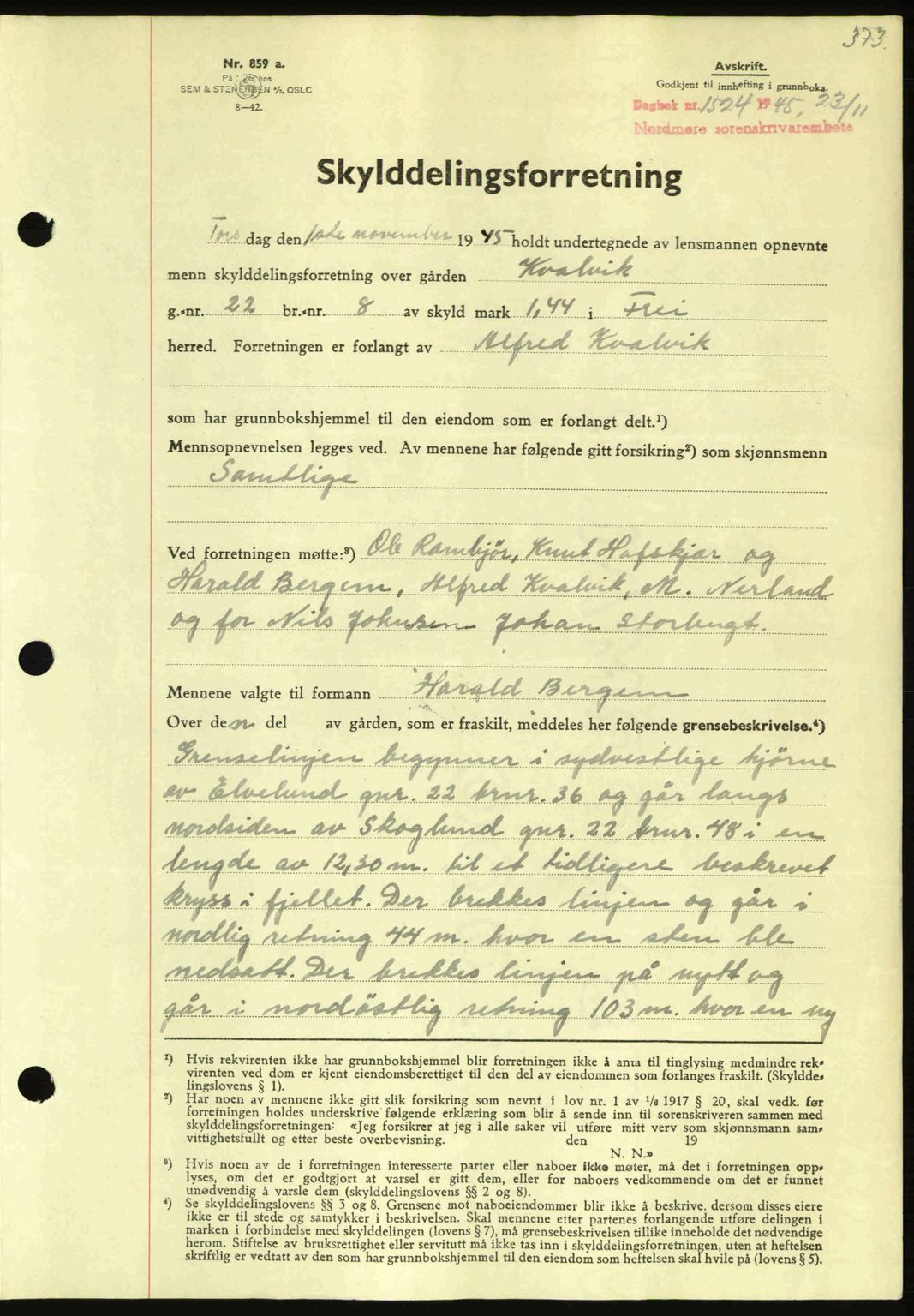 Nordmøre sorenskriveri, AV/SAT-A-4132/1/2/2Ca: Mortgage book no. A100a, 1945-1945, Diary no: : 1524/1945