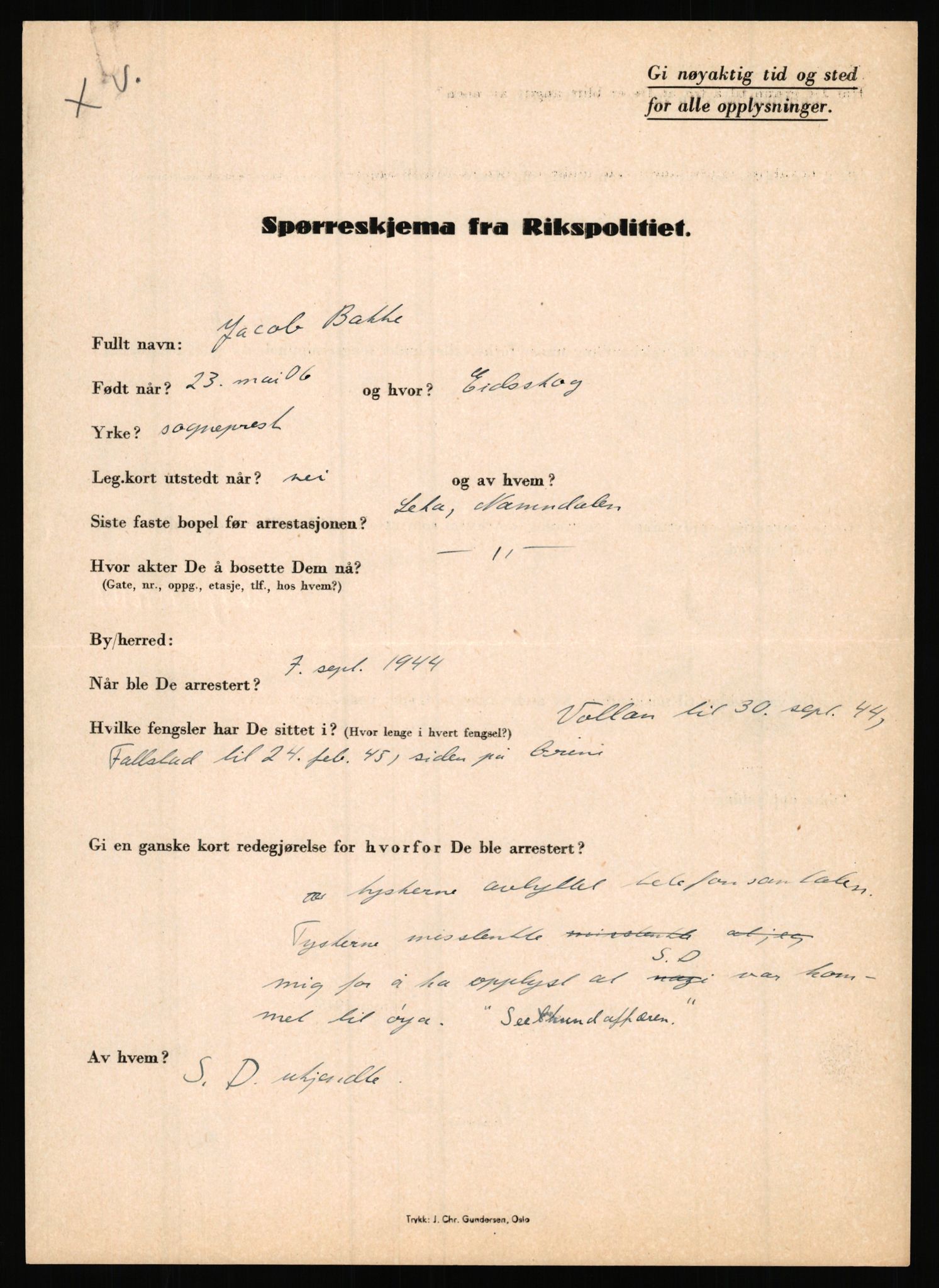 Rikspolitisjefen, AV/RA-S-1560/L/L0001: Abelseth, Rudolf - Berentsen, Odd, 1940-1945, p. 1097