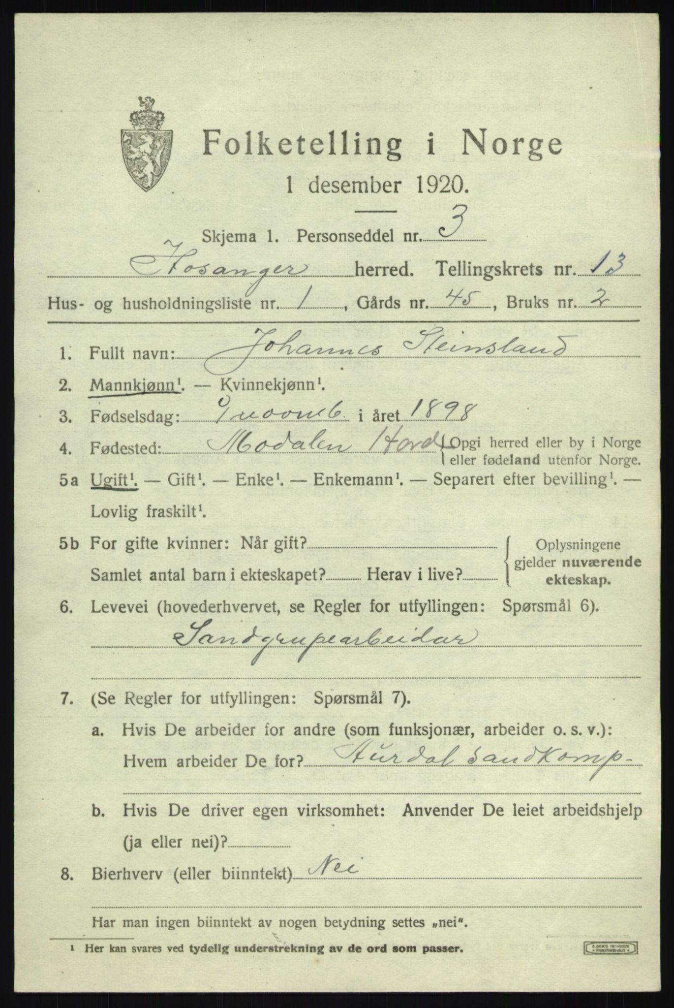 SAB, 1920 census for Hosanger, 1920, p. 5103