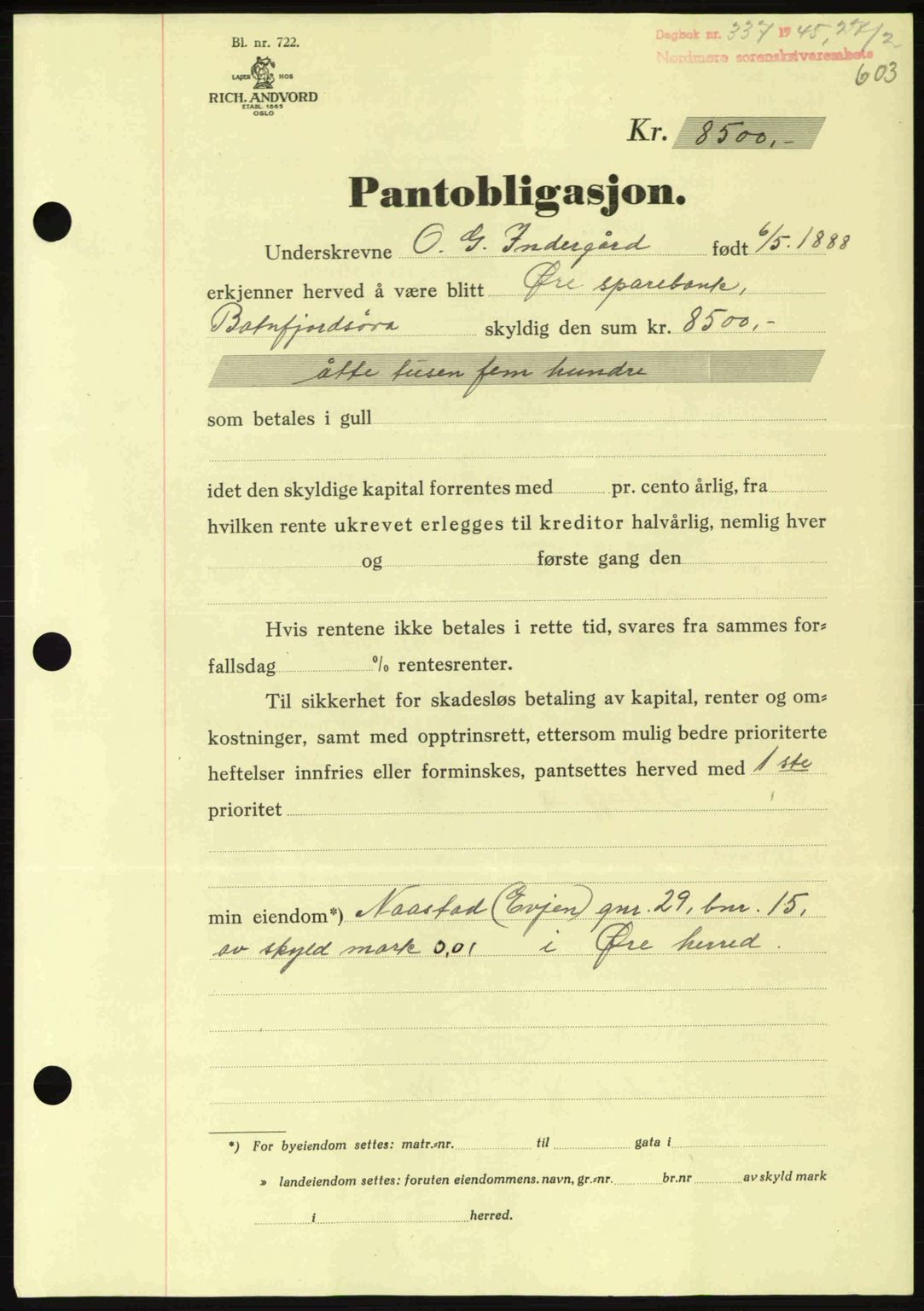 Nordmøre sorenskriveri, AV/SAT-A-4132/1/2/2Ca: Mortgage book no. B92, 1944-1945, Diary no: : 337/1945