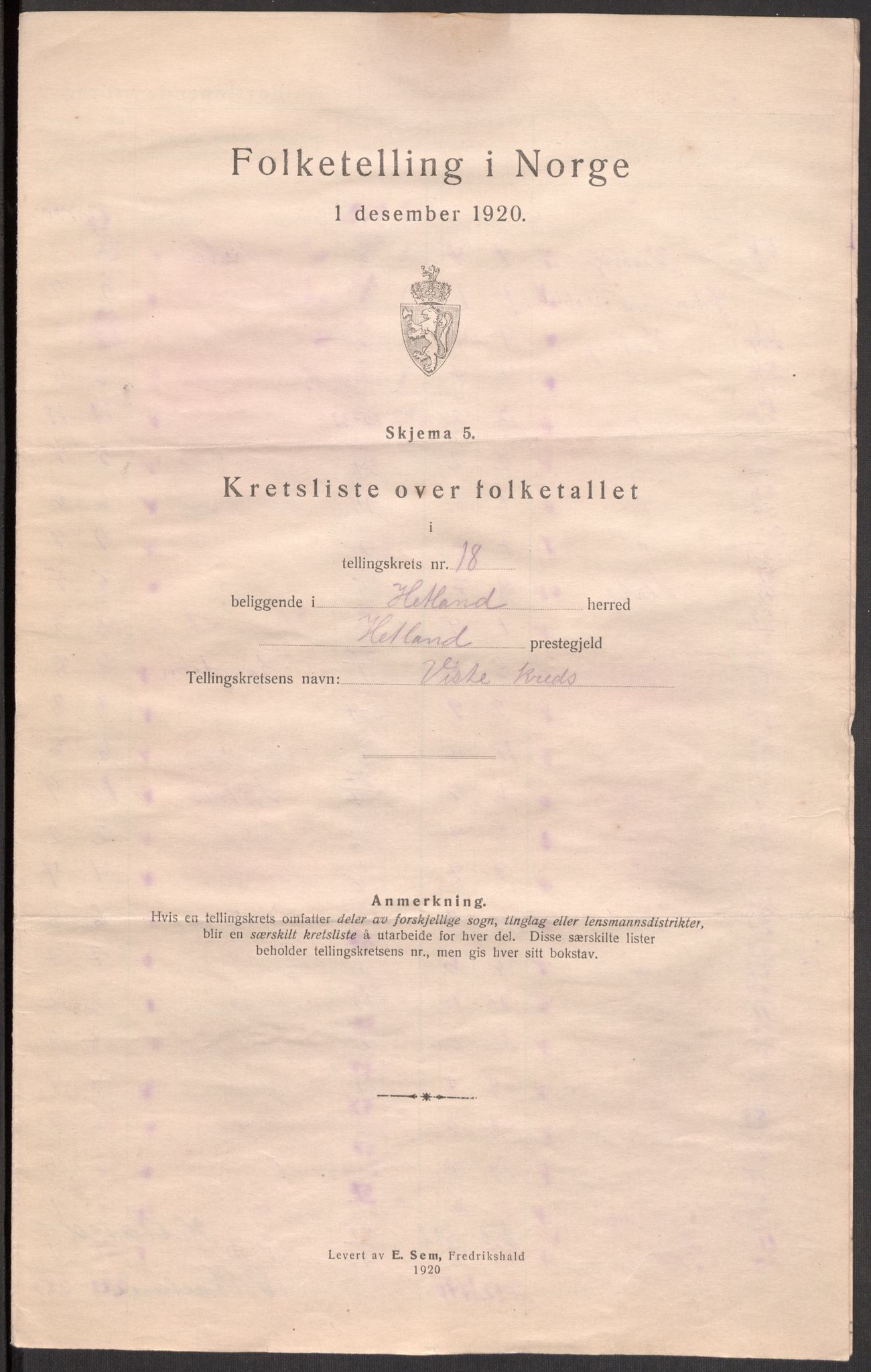 SAST, 1920 census for Hetland, 1920, p. 73