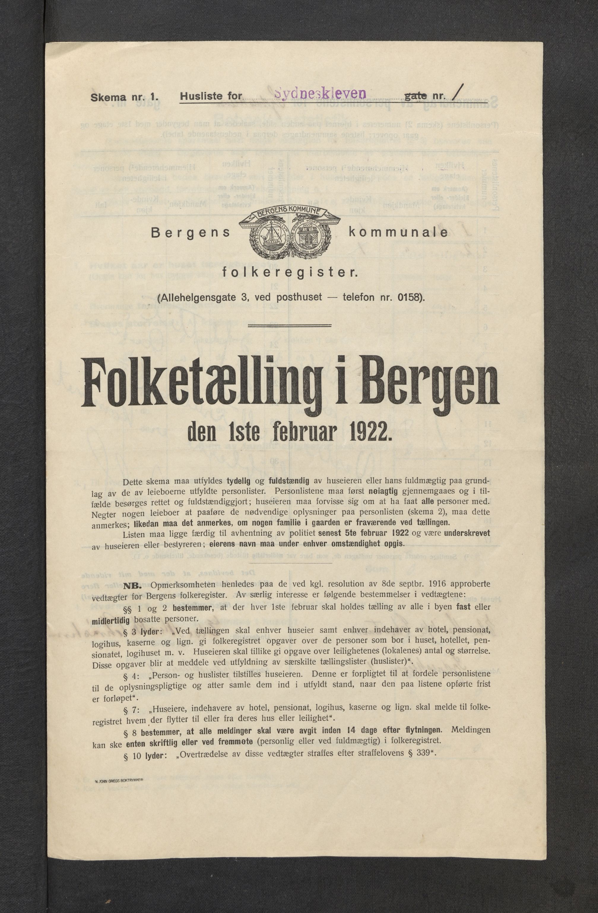 SAB, Municipal Census 1922 for Bergen, 1922, p. 42463