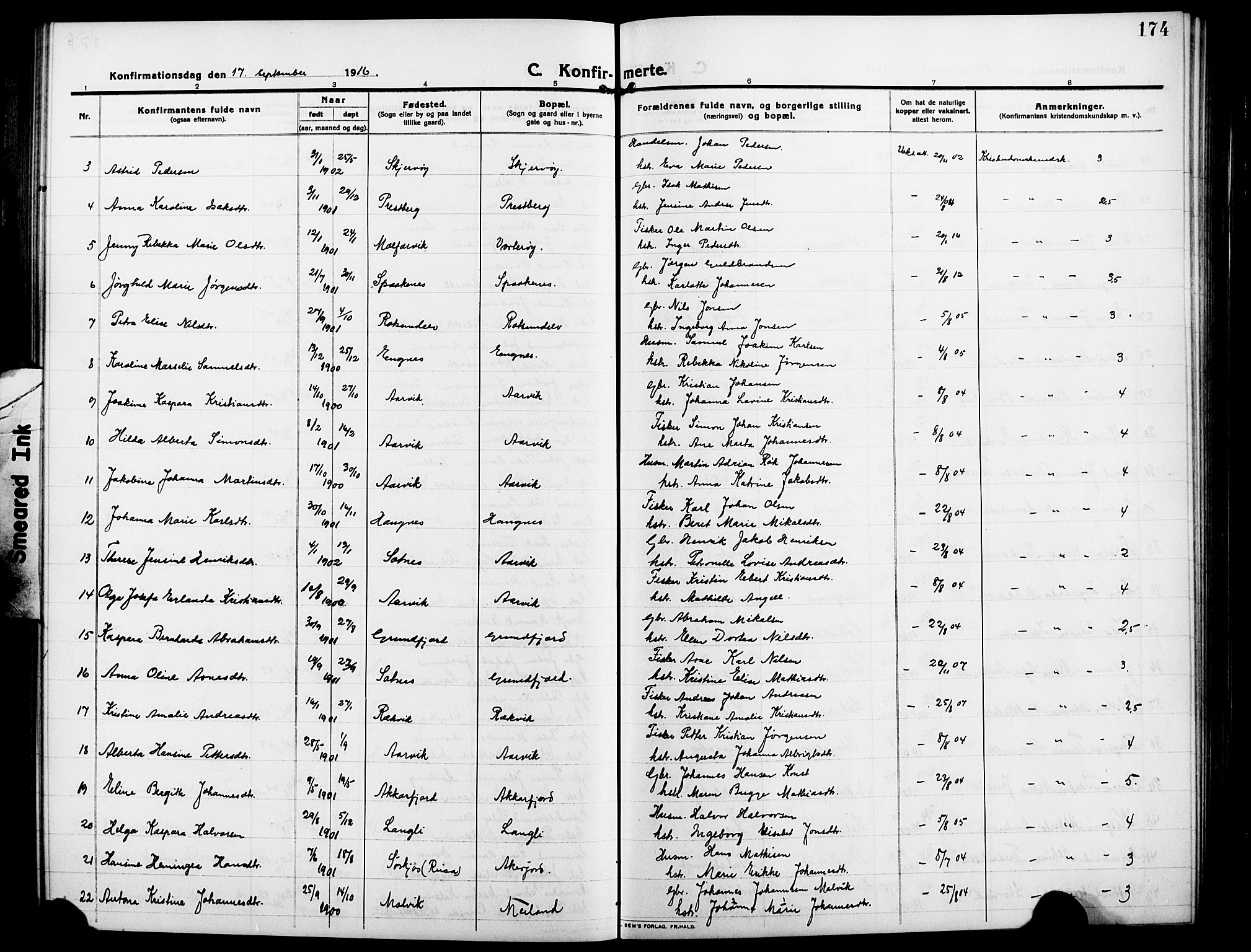 Skjervøy sokneprestkontor, AV/SATØ-S-1300/H/Ha/Hab/L0009klokker: Parish register (copy) no. 9, 1911-1926, p. 174