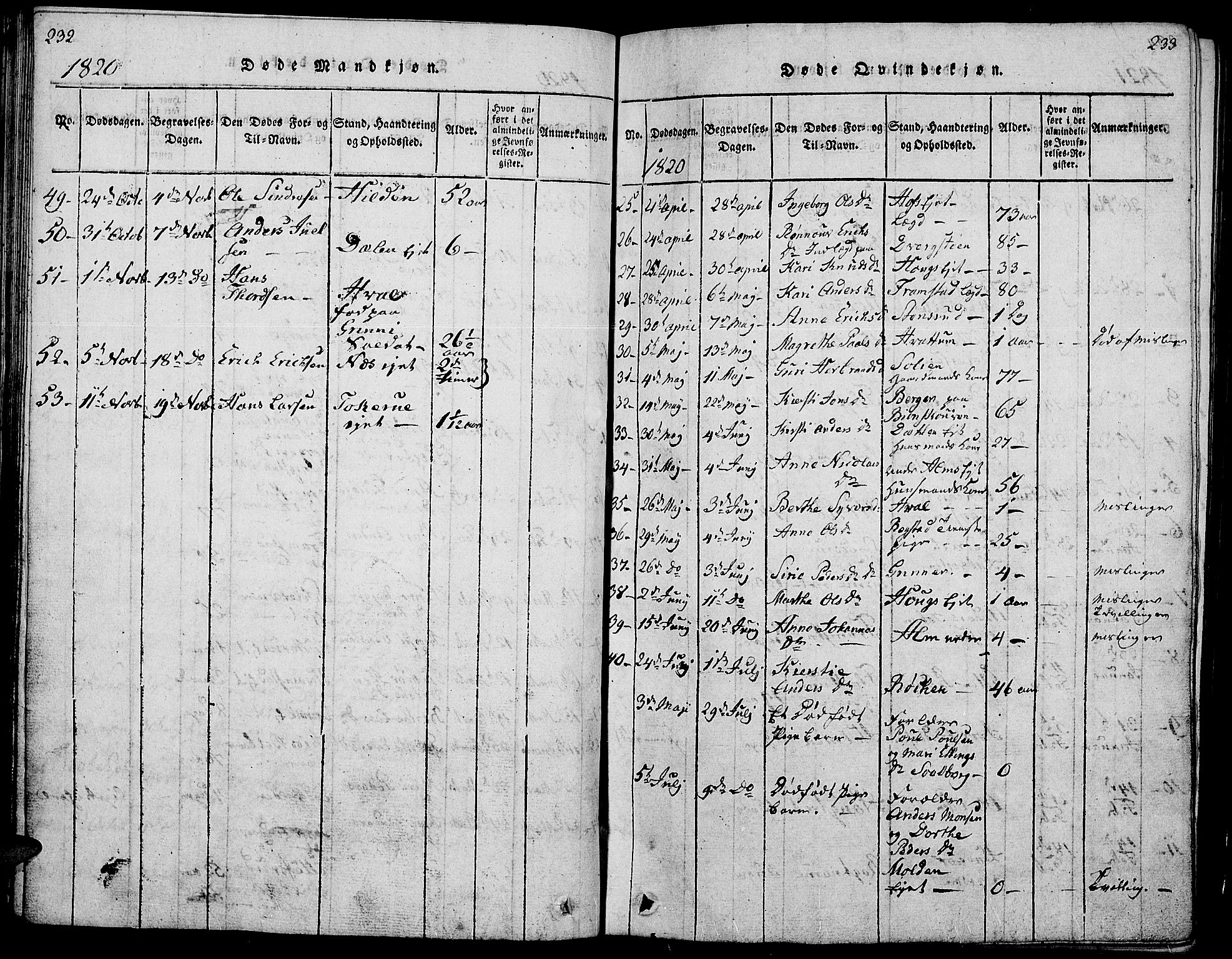 Gran prestekontor, SAH/PREST-112/H/Ha/Hab/L0001: Parish register (copy) no. 1, 1815-1824, p. 232-233
