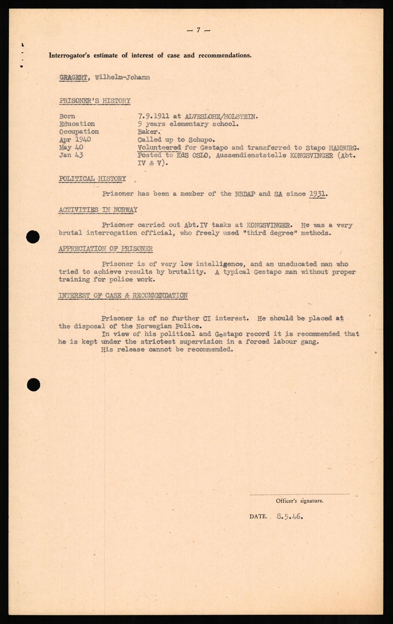 Forsvaret, Forsvarets overkommando II, RA/RAFA-3915/D/Db/L0010: CI Questionaires. Tyske okkupasjonsstyrker i Norge. Tyskere., 1945-1946, p. 119