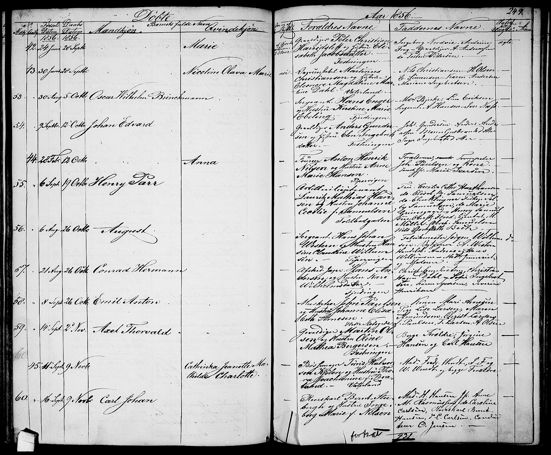 Garnisonsmenigheten Kirkebøker, AV/SAO-A-10846/G/Ga/L0005: Parish register (copy) no. 5, 1841-1860, p. 249