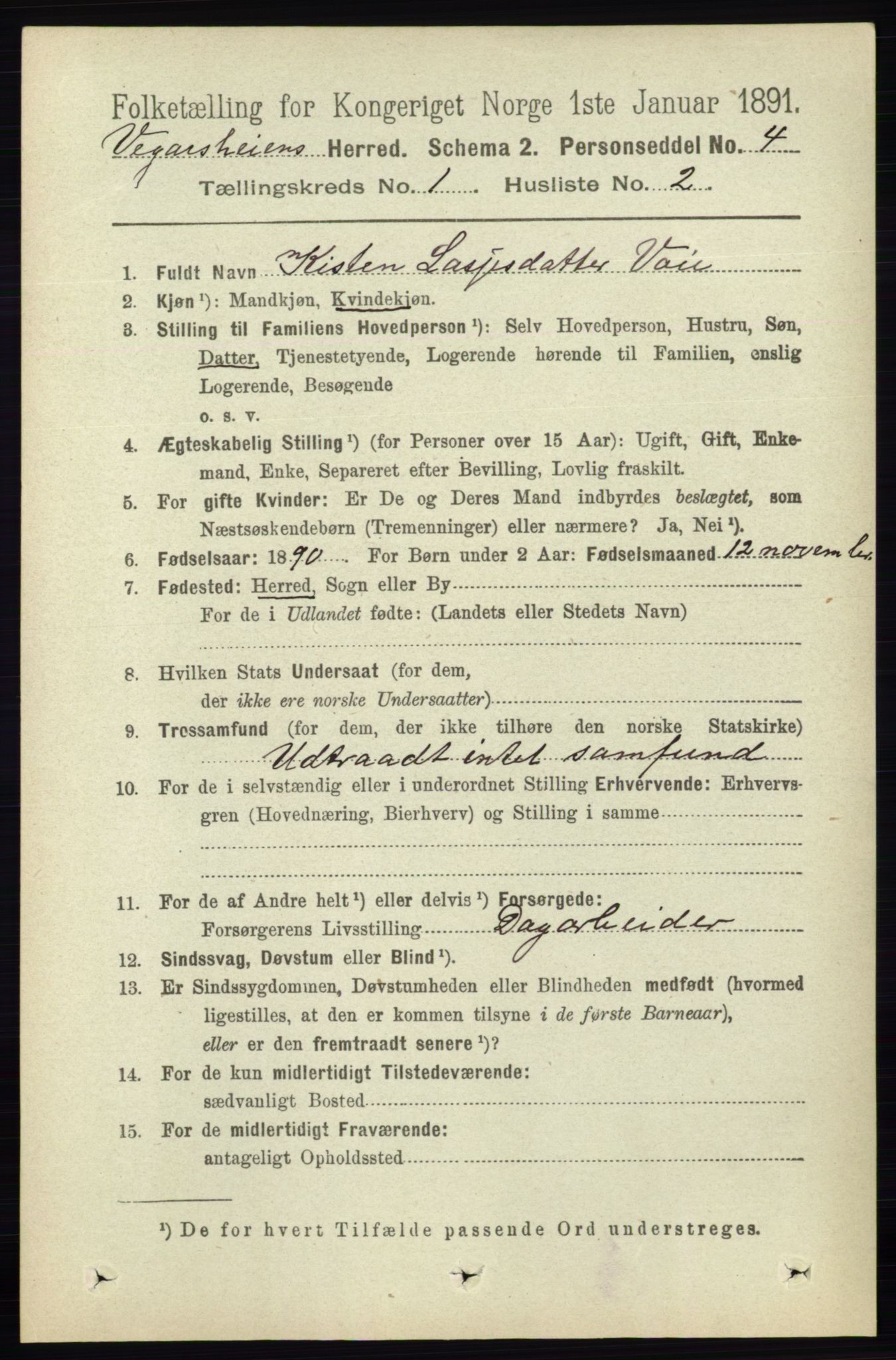 RA, 1891 census for 0912 Vegårshei, 1891, p. 76