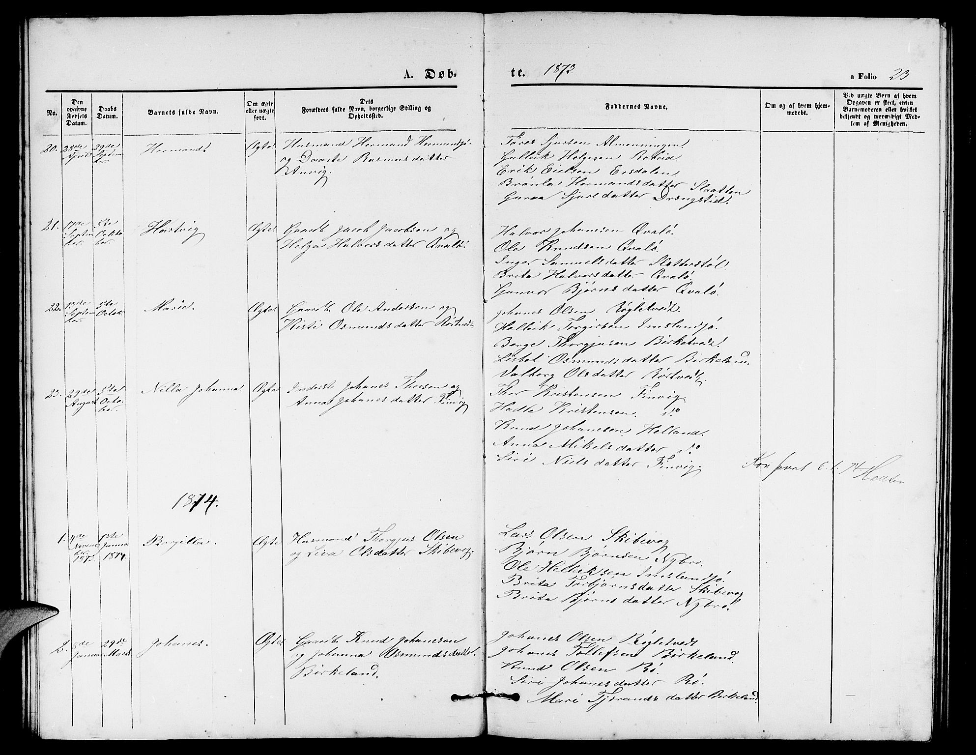 Vikedal sokneprestkontor, SAST/A-101840/01/V: Parish register (copy) no. B 4, 1868-1890, p. 23