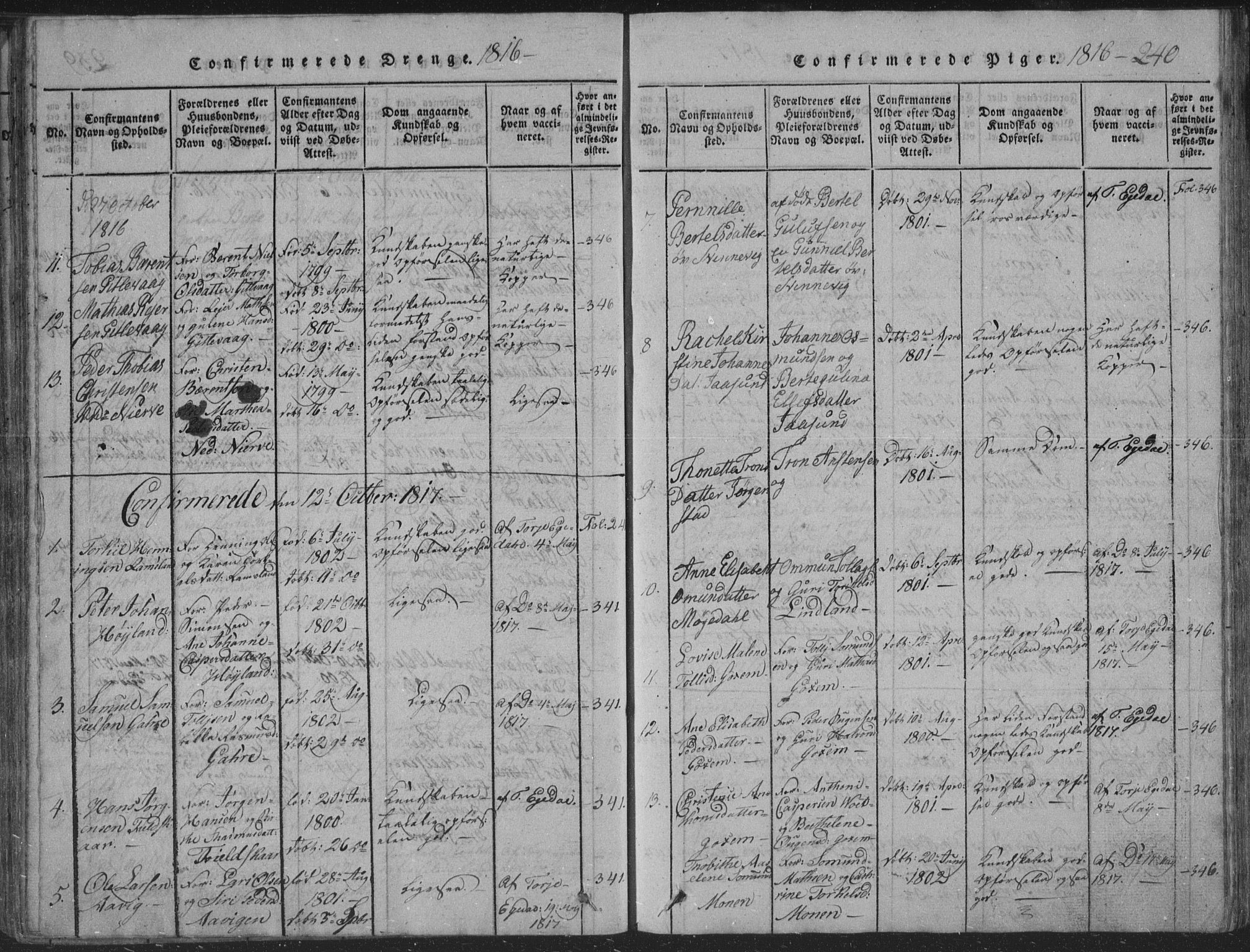 Sør-Audnedal sokneprestkontor, SAK/1111-0039/F/Fb/Fba/L0001: Parish register (copy) no. B 1, 1815-1850, p. 240
