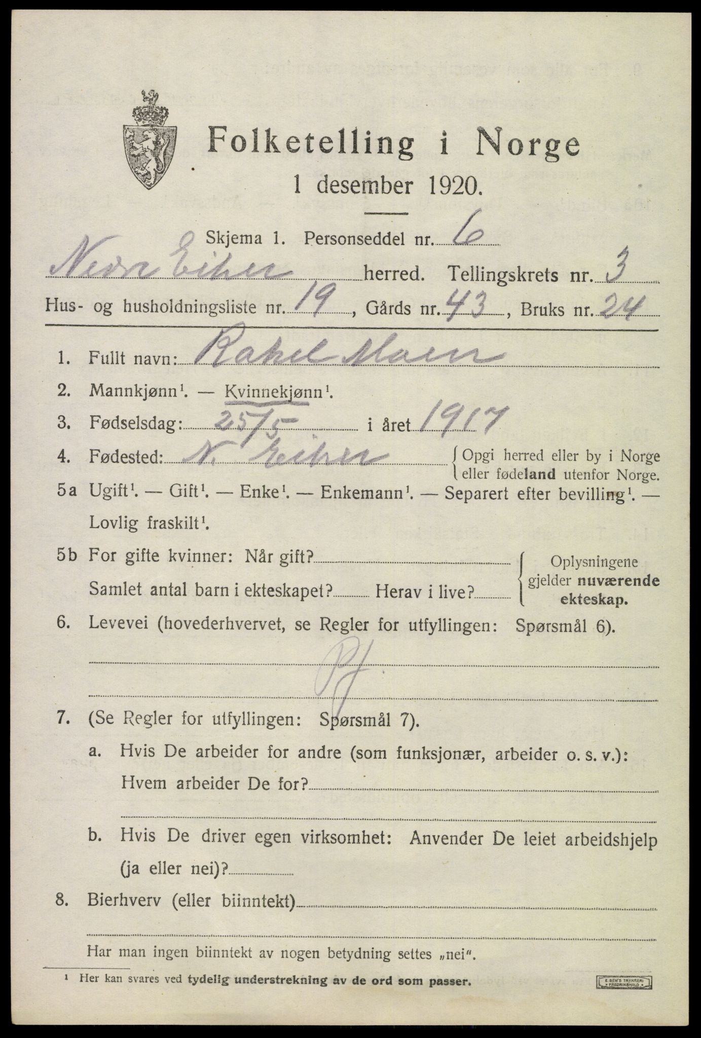 SAKO, 1920 census for Nedre Eiker, 1920, p. 4529