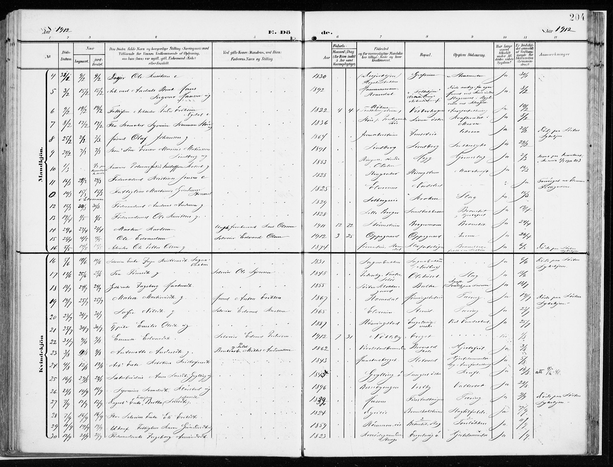 Løten prestekontor, AV/SAH-PREST-022/K/Ka/L0011: Parish register (official) no. 11, 1908-1917, p. 204