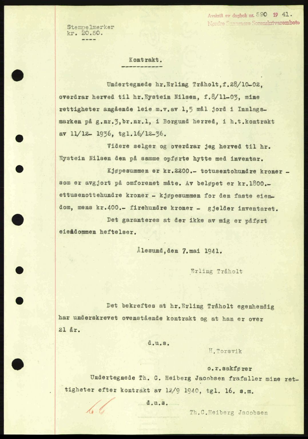 Nordre Sunnmøre sorenskriveri, AV/SAT-A-0006/1/2/2C/2Ca: Mortgage book no. A10, 1940-1941, Diary no: : 590/1941