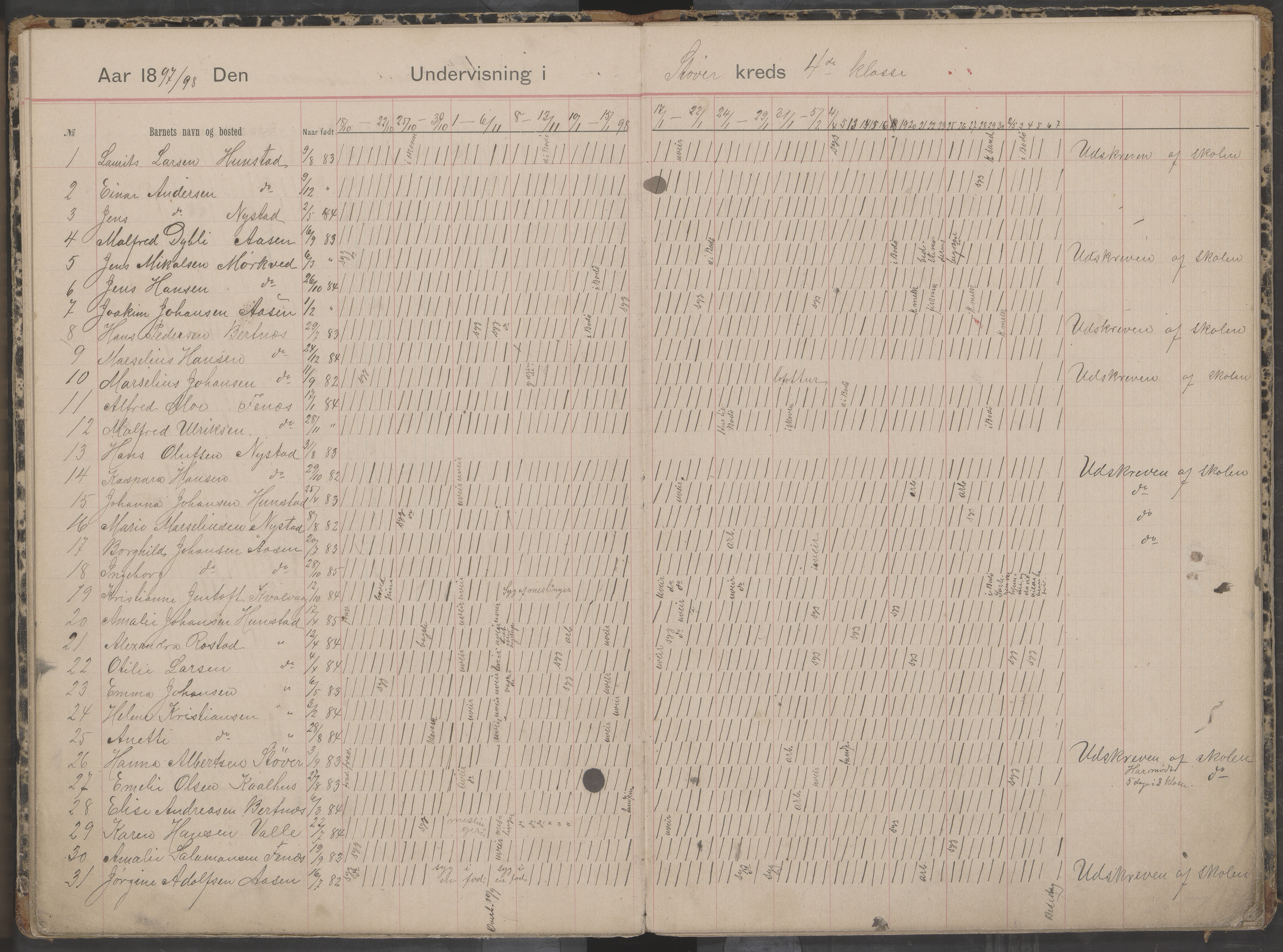 Bodin kommune. Støver skolekrets, AIN/K-18431.510.07/F/Fa/L0001: Dagbok for skolehold og skolesøkning, 1892-1905