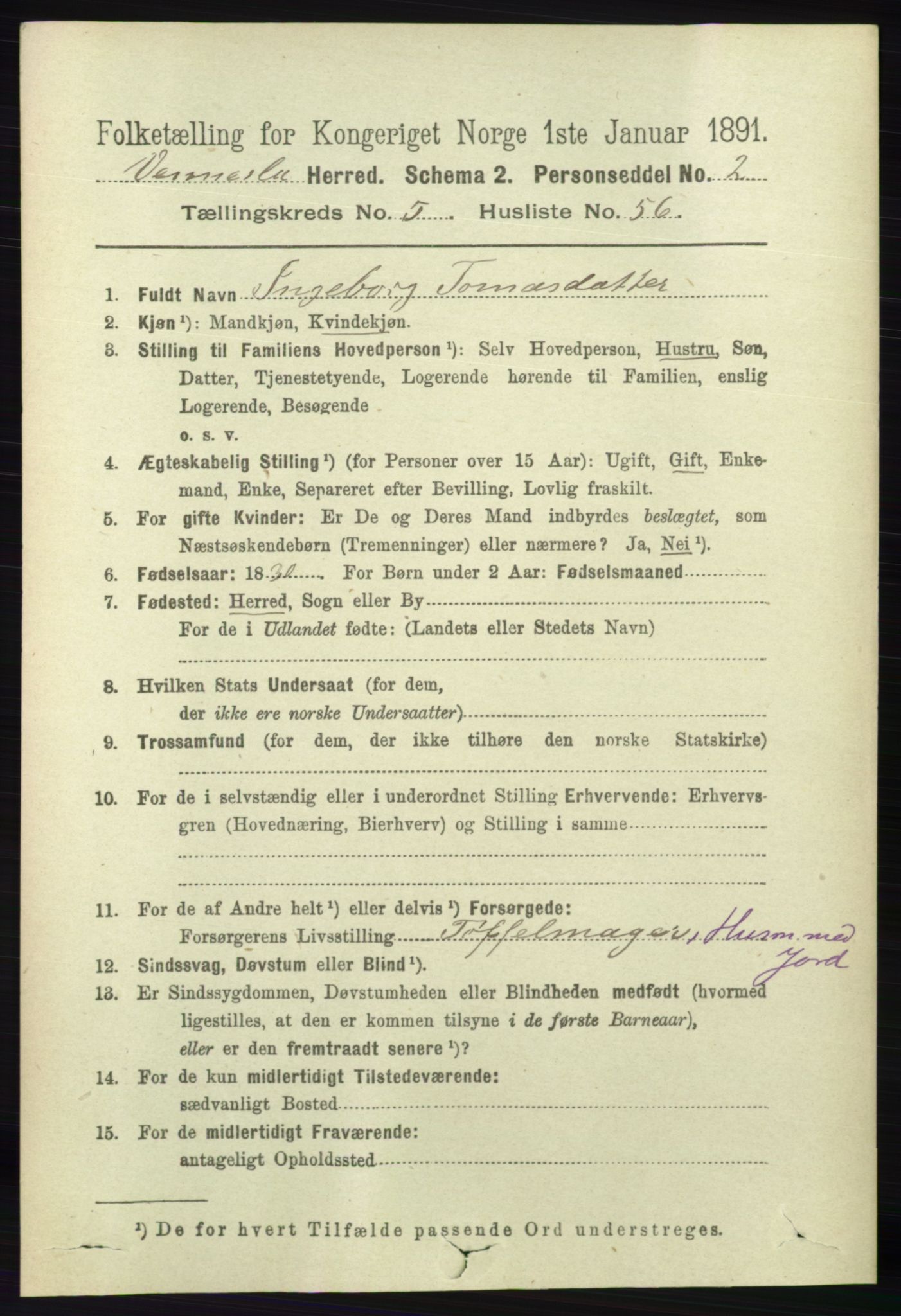 RA, 1891 census for 1014 Vennesla, 1891, p. 1545