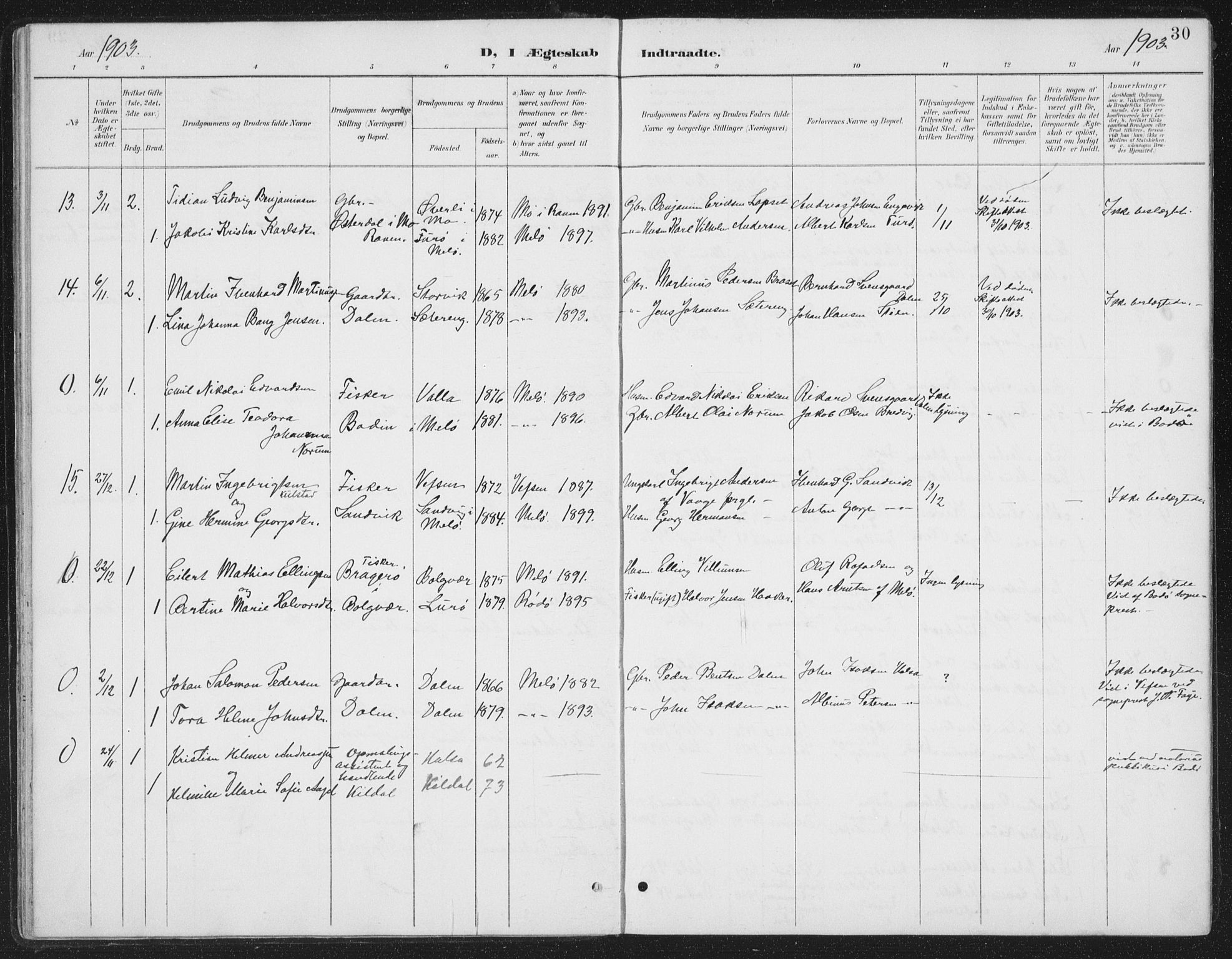 Ministerialprotokoller, klokkerbøker og fødselsregistre - Nordland, AV/SAT-A-1459/843/L0638: Parish register (copy) no. 843C07, 1888-1907, p. 30