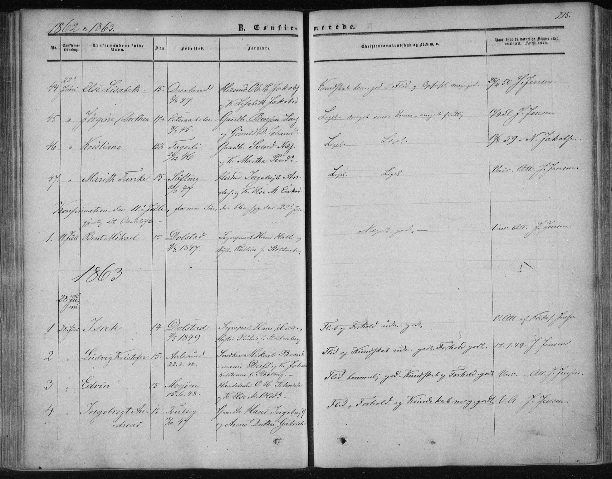 Ministerialprotokoller, klokkerbøker og fødselsregistre - Nordland, SAT/A-1459/820/L0293: Parish register (official) no. 820A14, 1855-1865, p. 215
