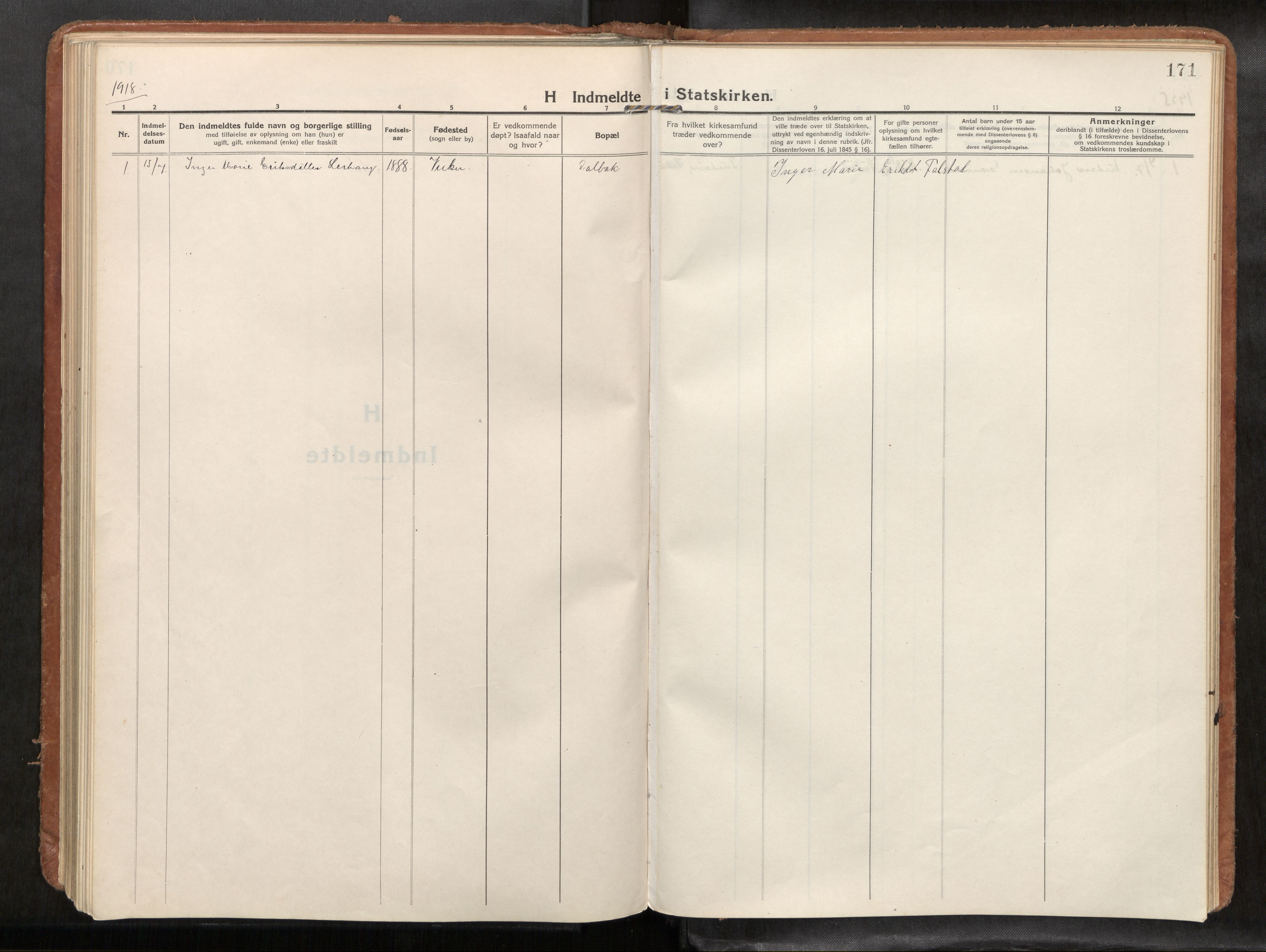 Verdal sokneprestkontor, SAT/A-1156/2/H/Haa/L0004: Parish register (official) no. 4, 1916-1928, p. 171