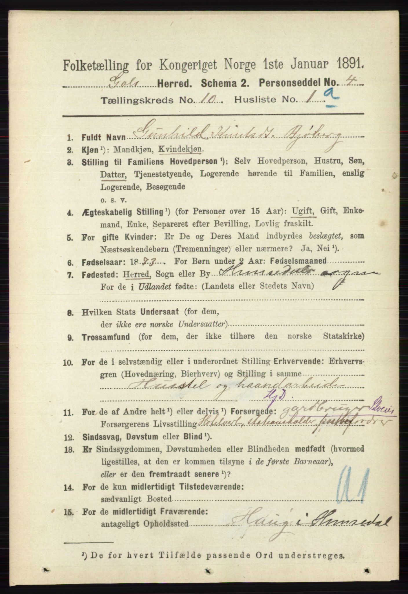 RA, 1891 census for 0617 Gol og Hemsedal, 1891, p. 4032