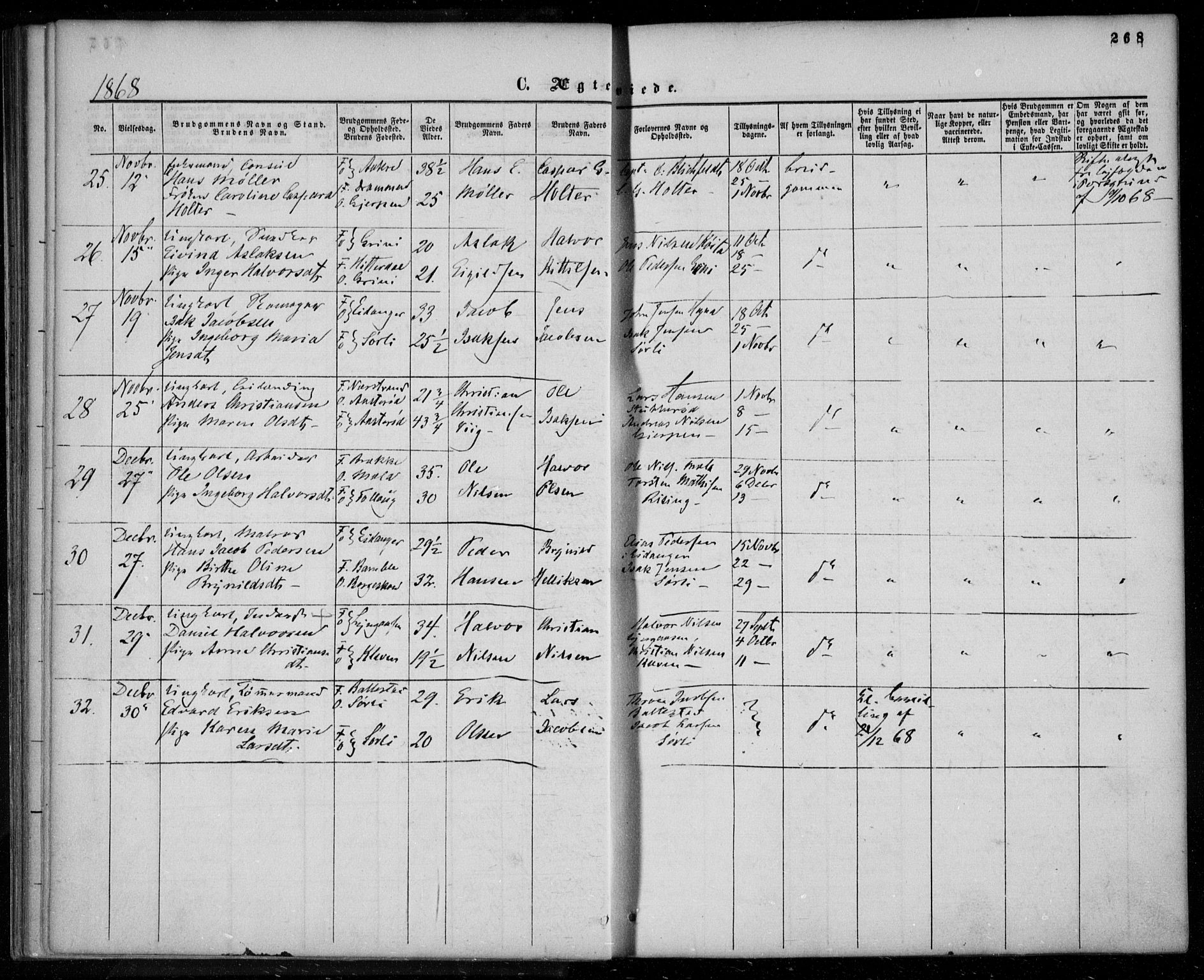 Gjerpen kirkebøker, SAKO/A-265/F/Fa/L0008b: Parish register (official) no. I 8B, 1857-1871, p. 268