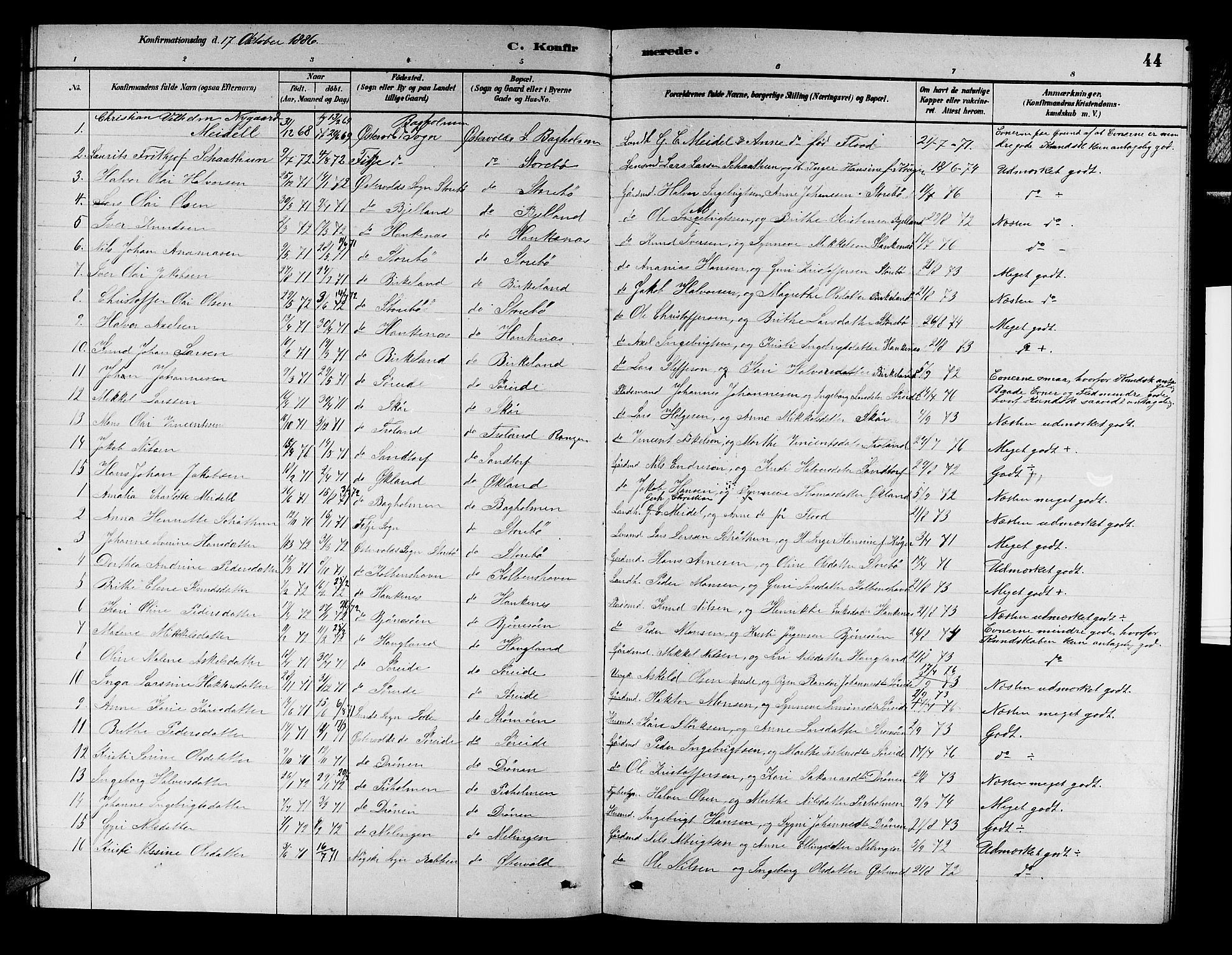 Austevoll sokneprestembete, AV/SAB-A-74201/H/Ha/Hab/Haba/L0002: Parish register (copy) no. A 2, 1880-1888, p. 44