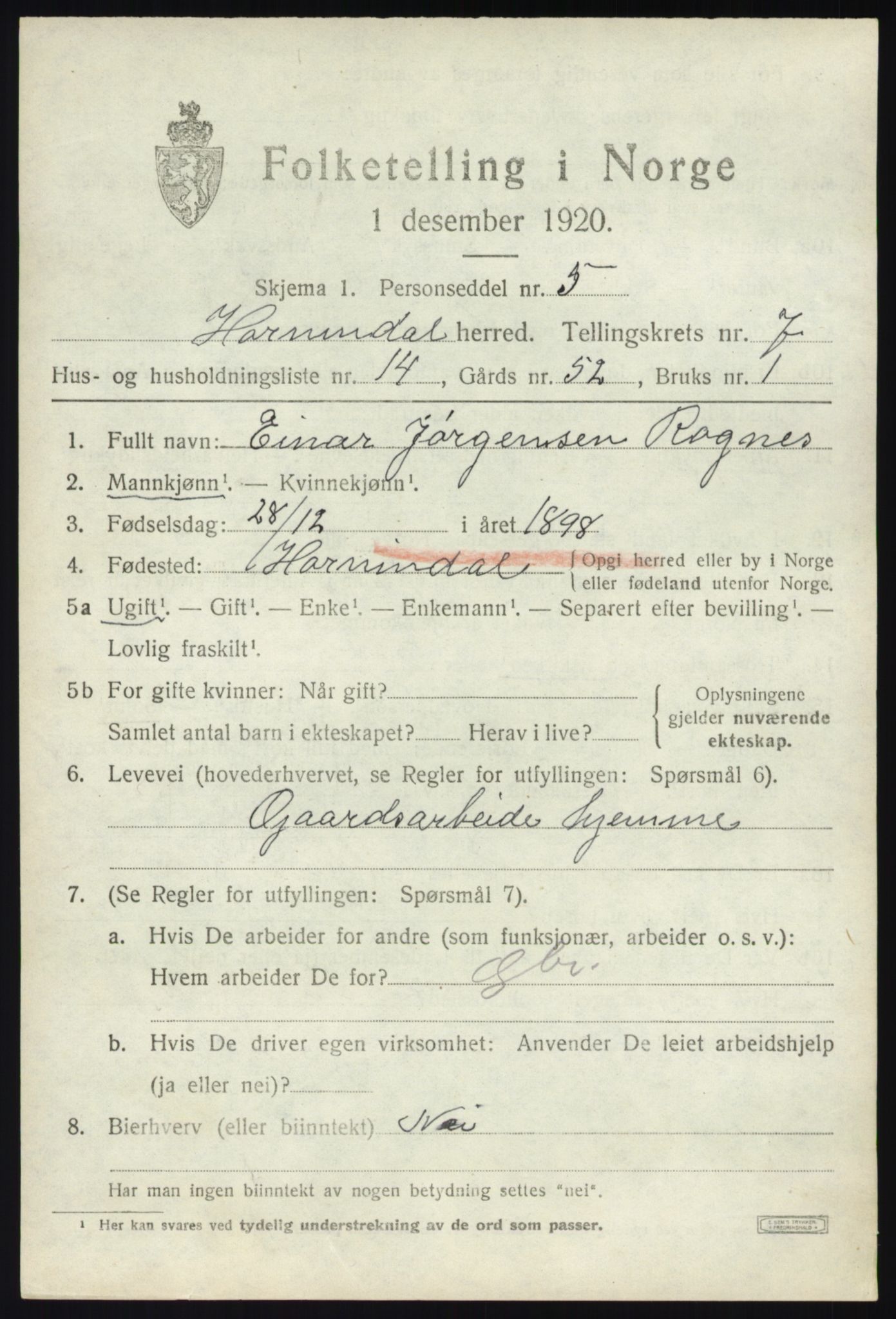 SAB, 1920 census for Hornindal, 1920, p. 3720