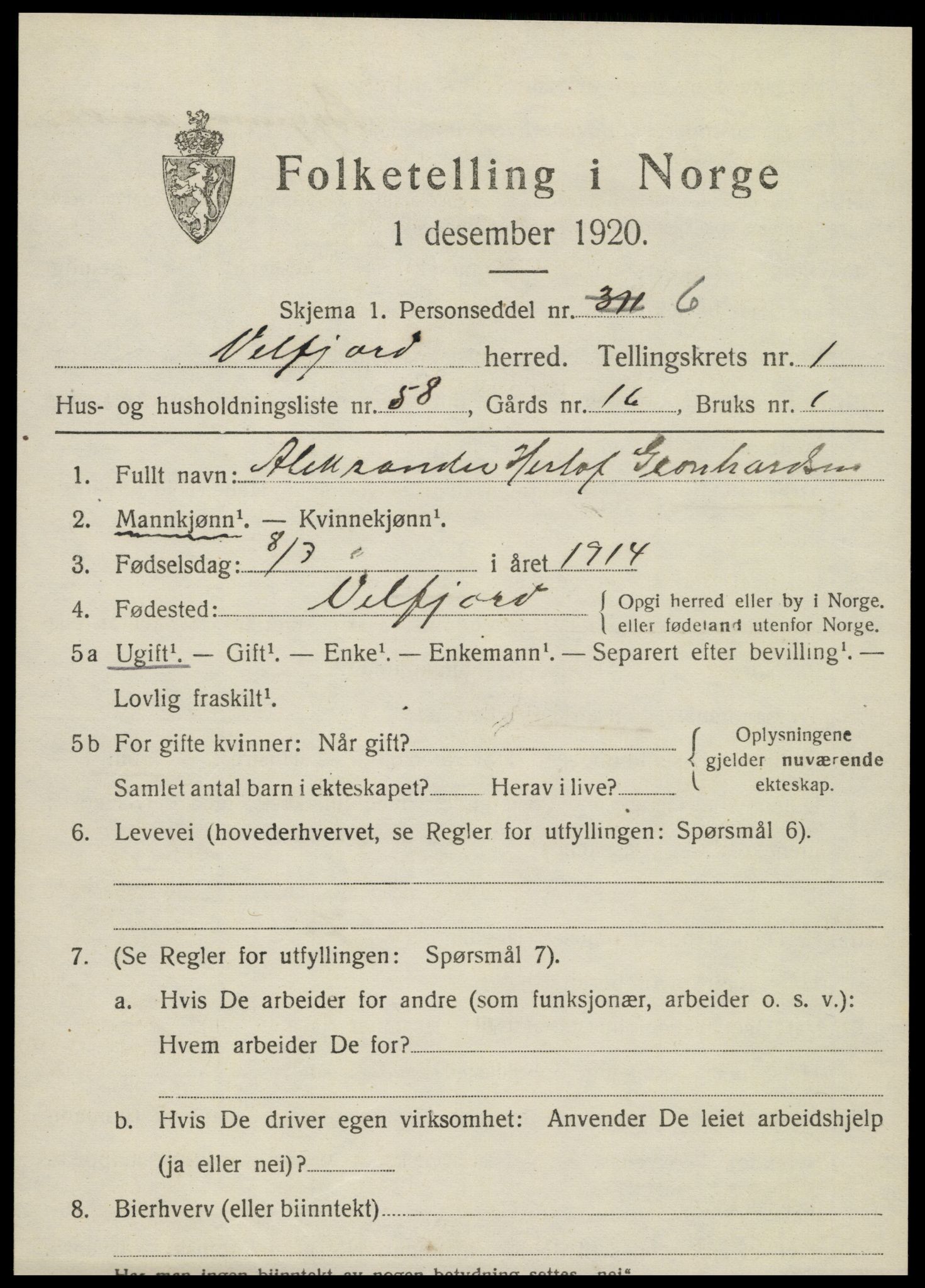 SAT, 1920 census for Velfjord, 1920, p. 1203