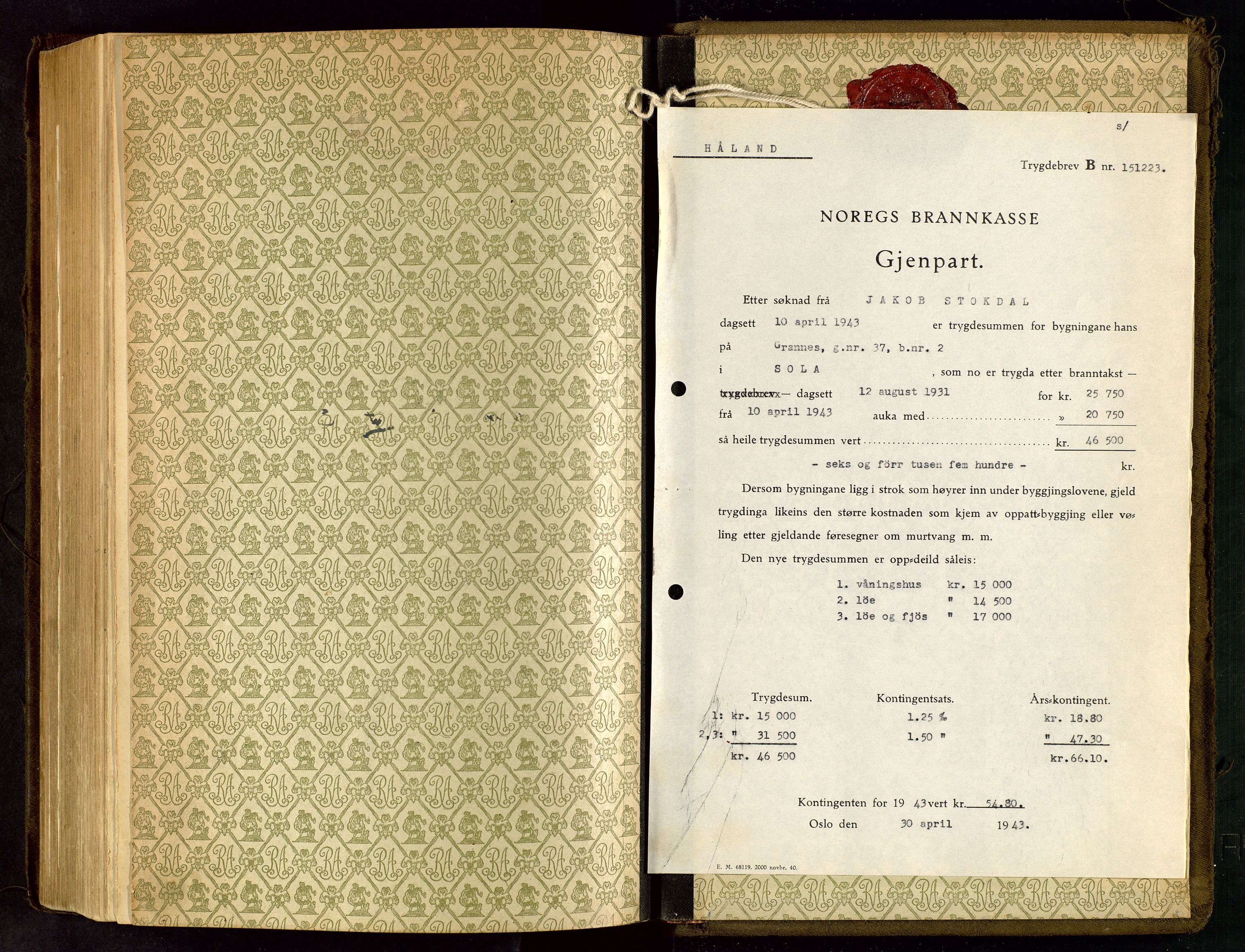 Håland lensmannskontor, AV/SAST-A-100100/Go/L0005: "Brandtakstprotokoll"  Register i boken., 1929-1948