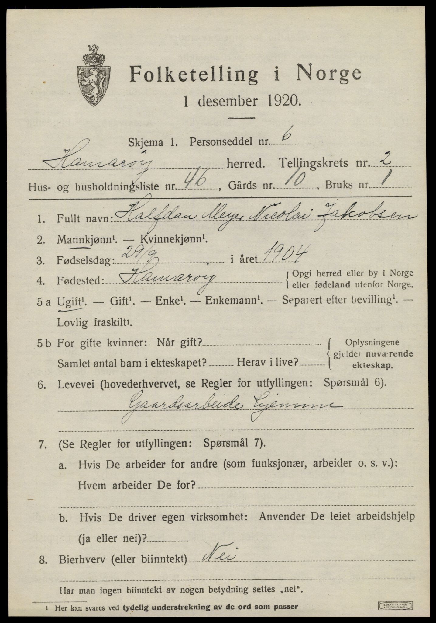 SAT, 1920 census for Hamarøy, 1920, p. 2026