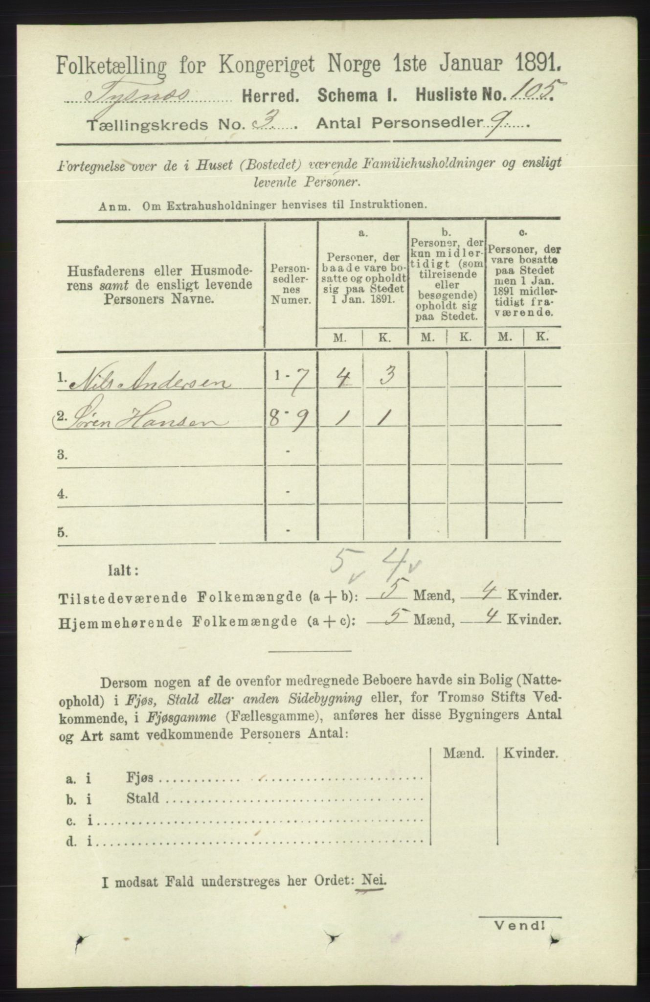 RA, 1891 census for 1223 Tysnes, 1891, p. 831