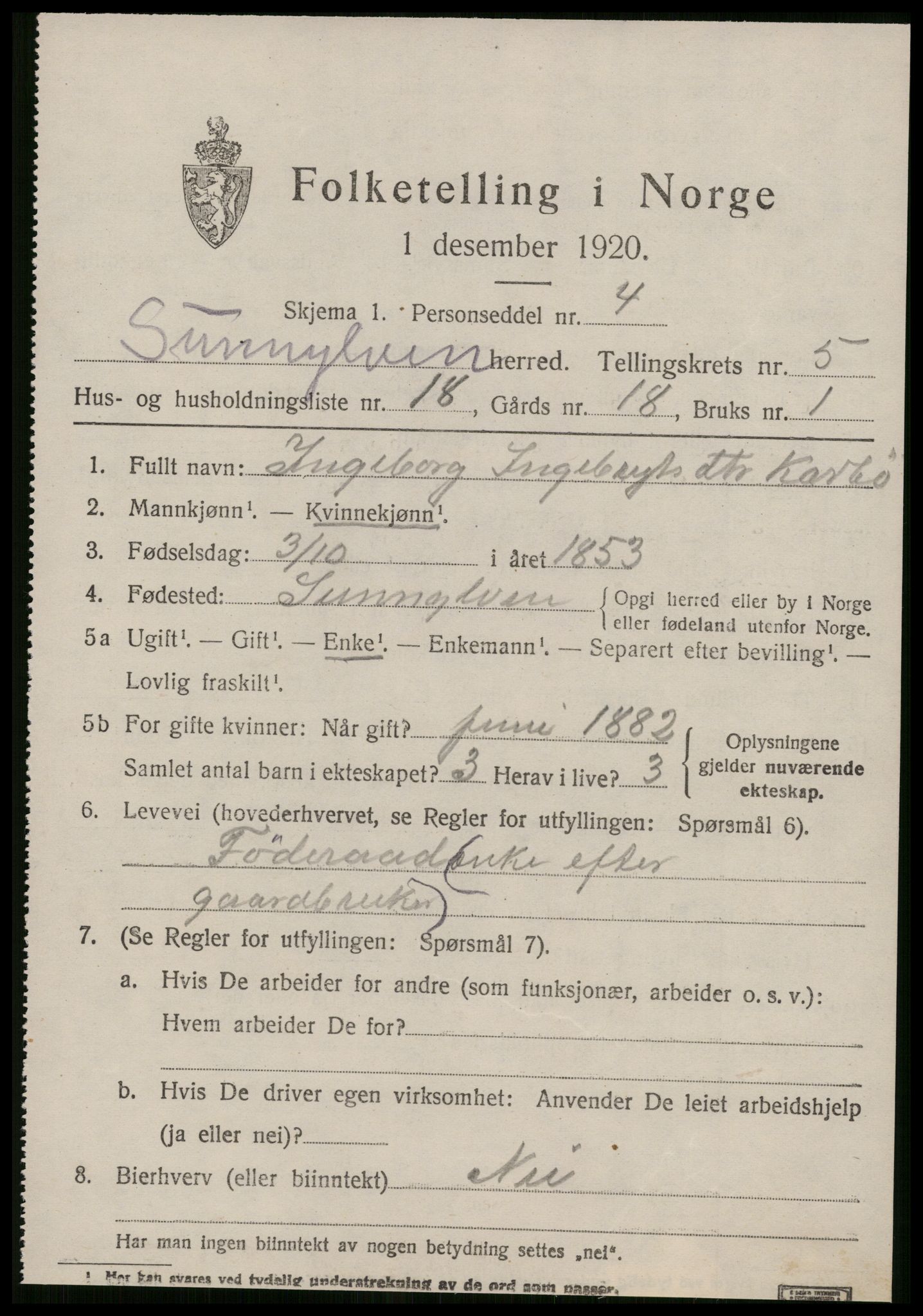 SAT, 1920 census for Sunnylven, 1920, p. 2420