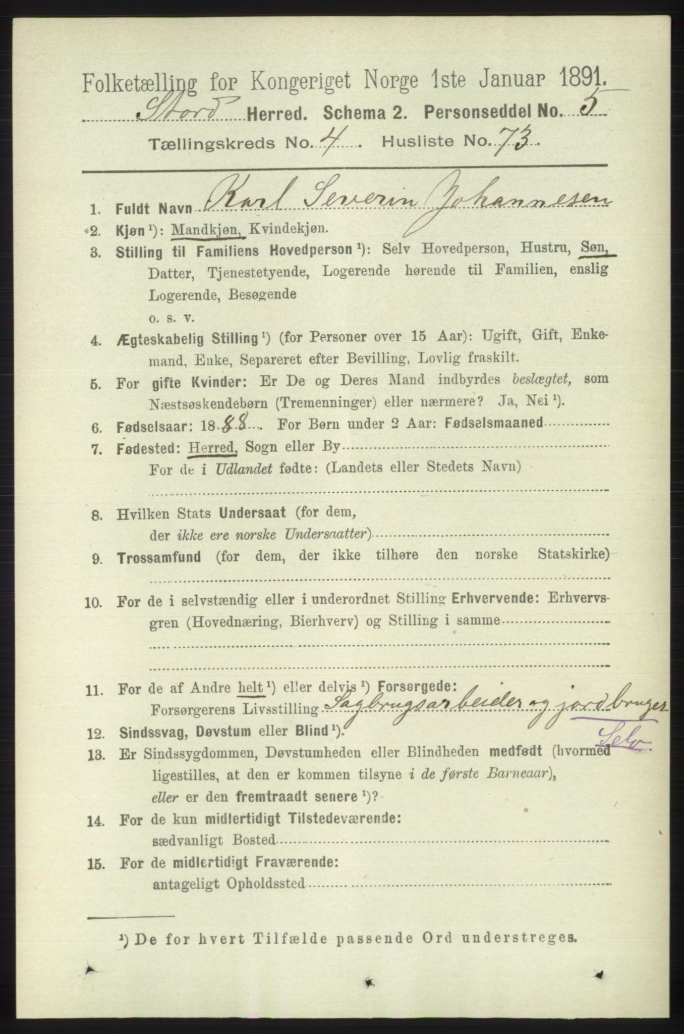 RA, 1891 census for 1221 Stord, 1891, p. 1573