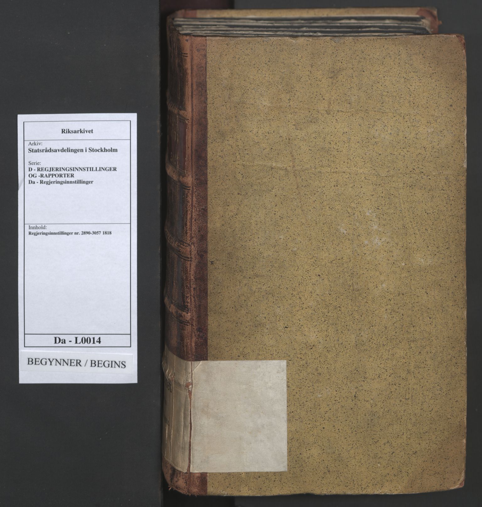 Statsrådsavdelingen i Stockholm, AV/RA-S-1003/D/Da/L0014: Regjeringsinnstillinger nr. 2890-3057, 1818, p. 1