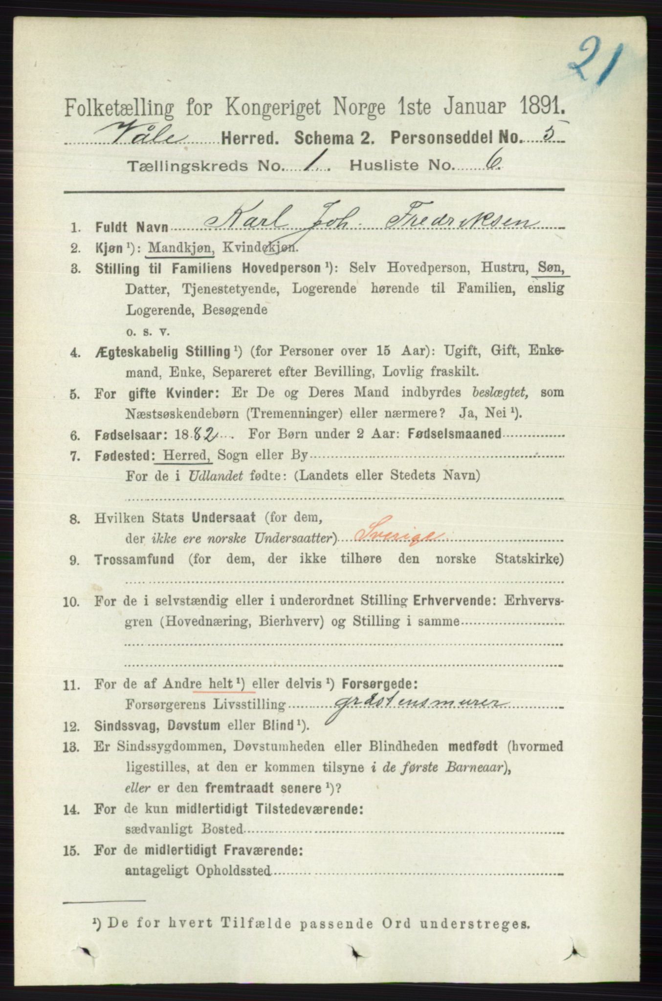 RA, 1891 census for 0716 Våle, 1891, p. 110