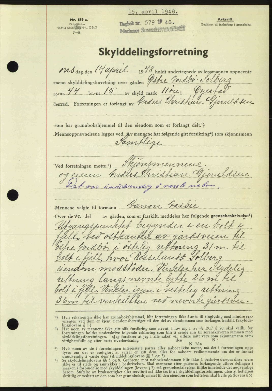 Nedenes sorenskriveri, SAK/1221-0006/G/Gb/Gba/L0059: Mortgage book no. A11, 1948-1948, Diary no: : 579/1948