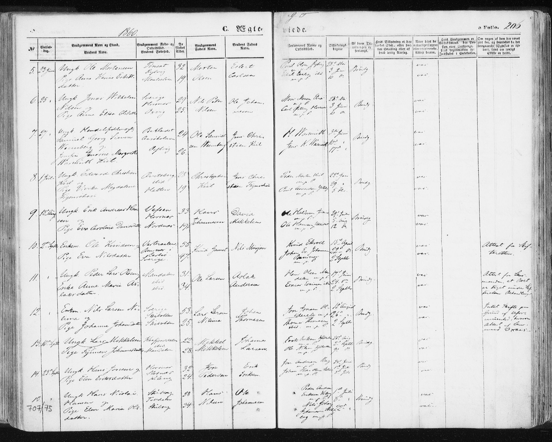 Lyngen sokneprestembete, SATØ/S-1289/H/He/Hea/L0005kirke: Parish register (official) no. 5, 1859-1869, p. 206
