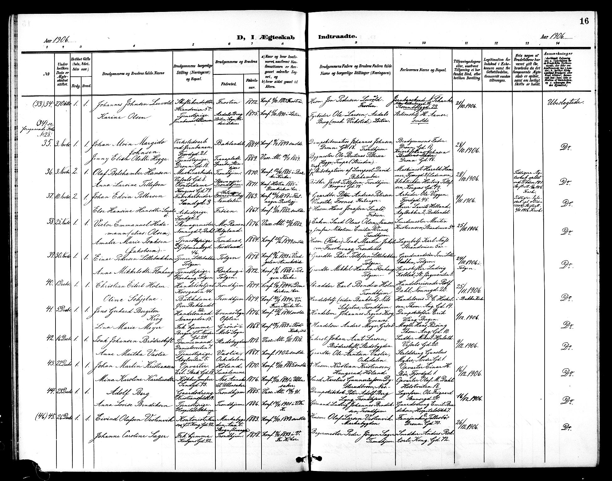 Ministerialprotokoller, klokkerbøker og fødselsregistre - Sør-Trøndelag, AV/SAT-A-1456/602/L0145: Parish register (copy) no. 602C13, 1902-1919, p. 16