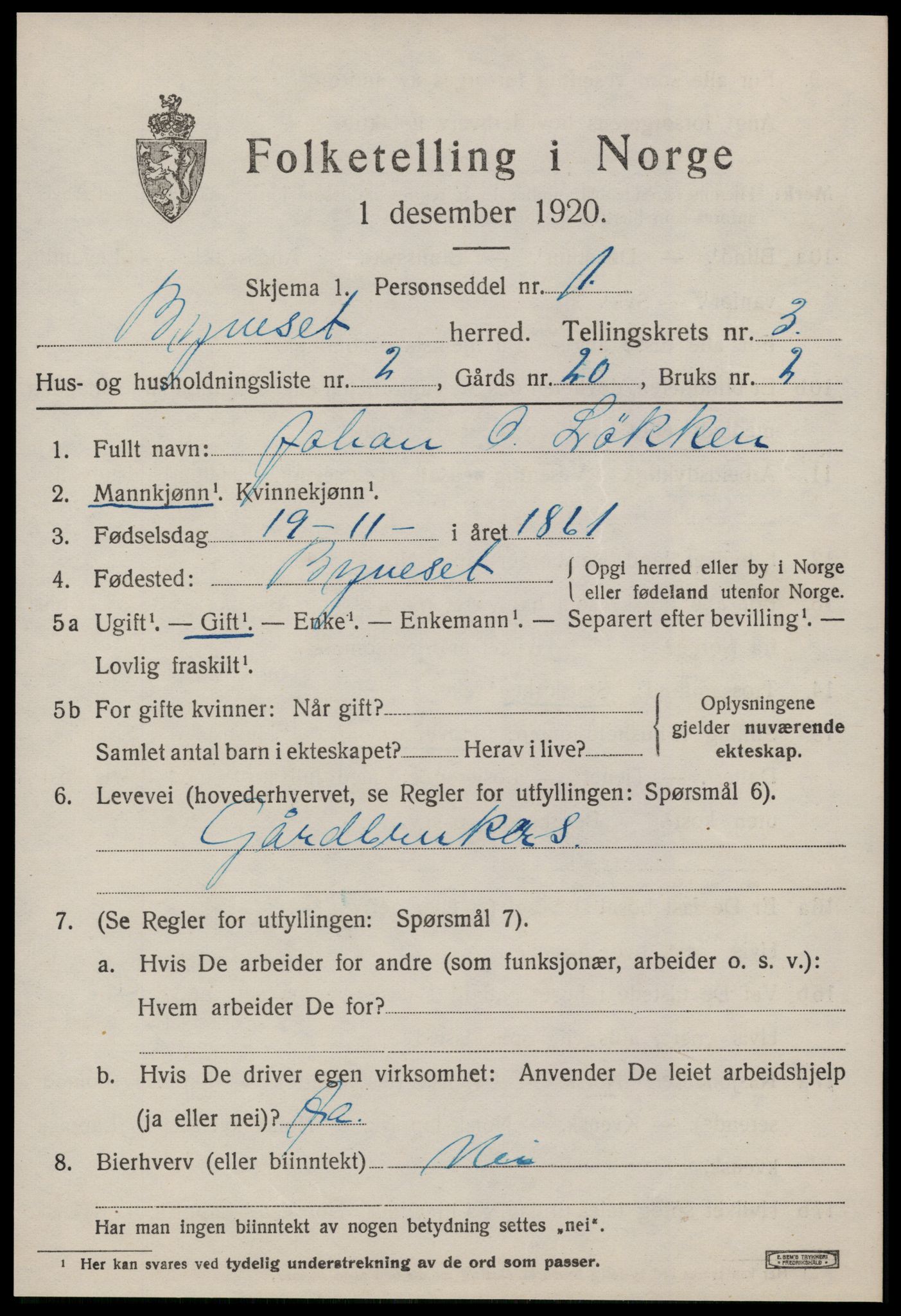 SAT, 1920 census for Byneset, 1920, p. 1636