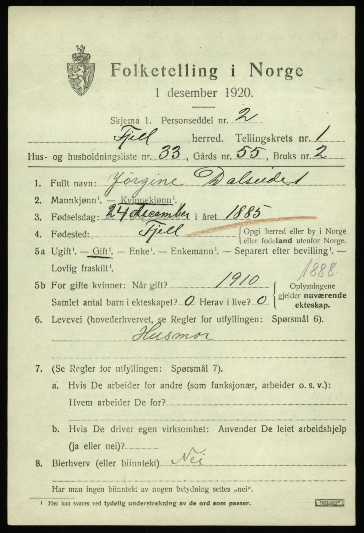 SAB, 1920 census for Fjell, 1920, p. 1878