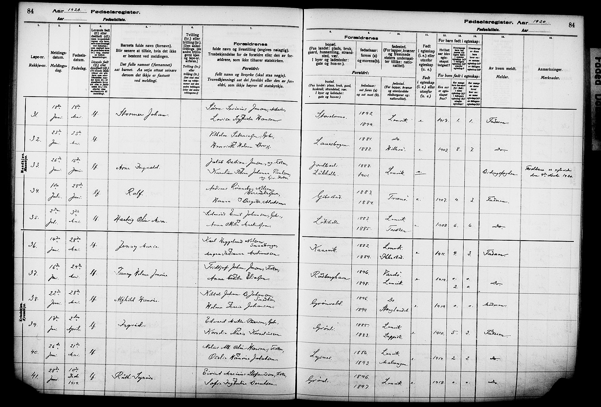 Lenvik sokneprestembete, AV/SATØ-S-1310/I/Ic/L0089: Birth register no. 89, 1916-1926, p. 84